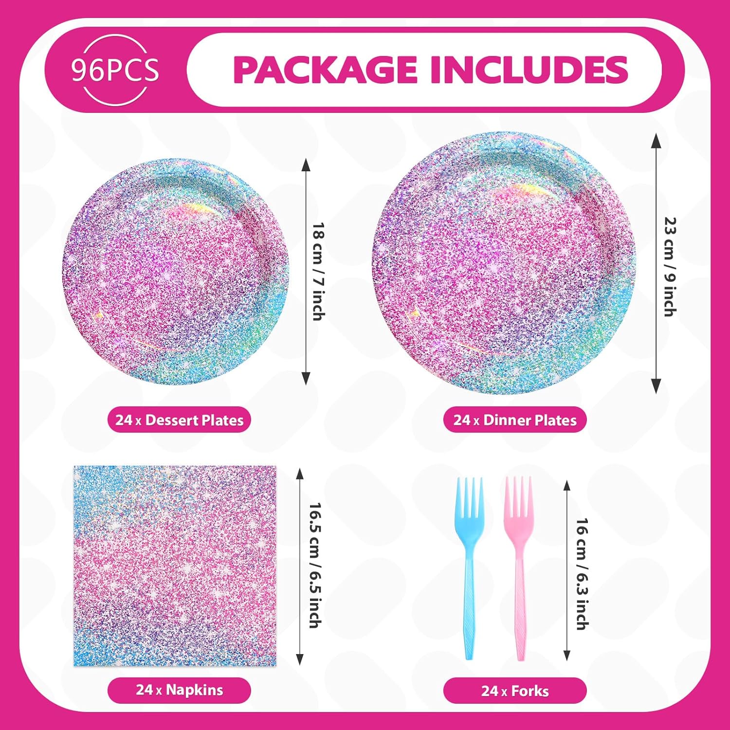 96Pcs Pastel Rainbow Party Decorations Iridescent Party Supplies 350GSM Holographic Print Rainbow Plates and Napkins Set for Baby Mermaid Birthday party Bachelorette Bridal Shower Wedding Serves 24 - Image 2