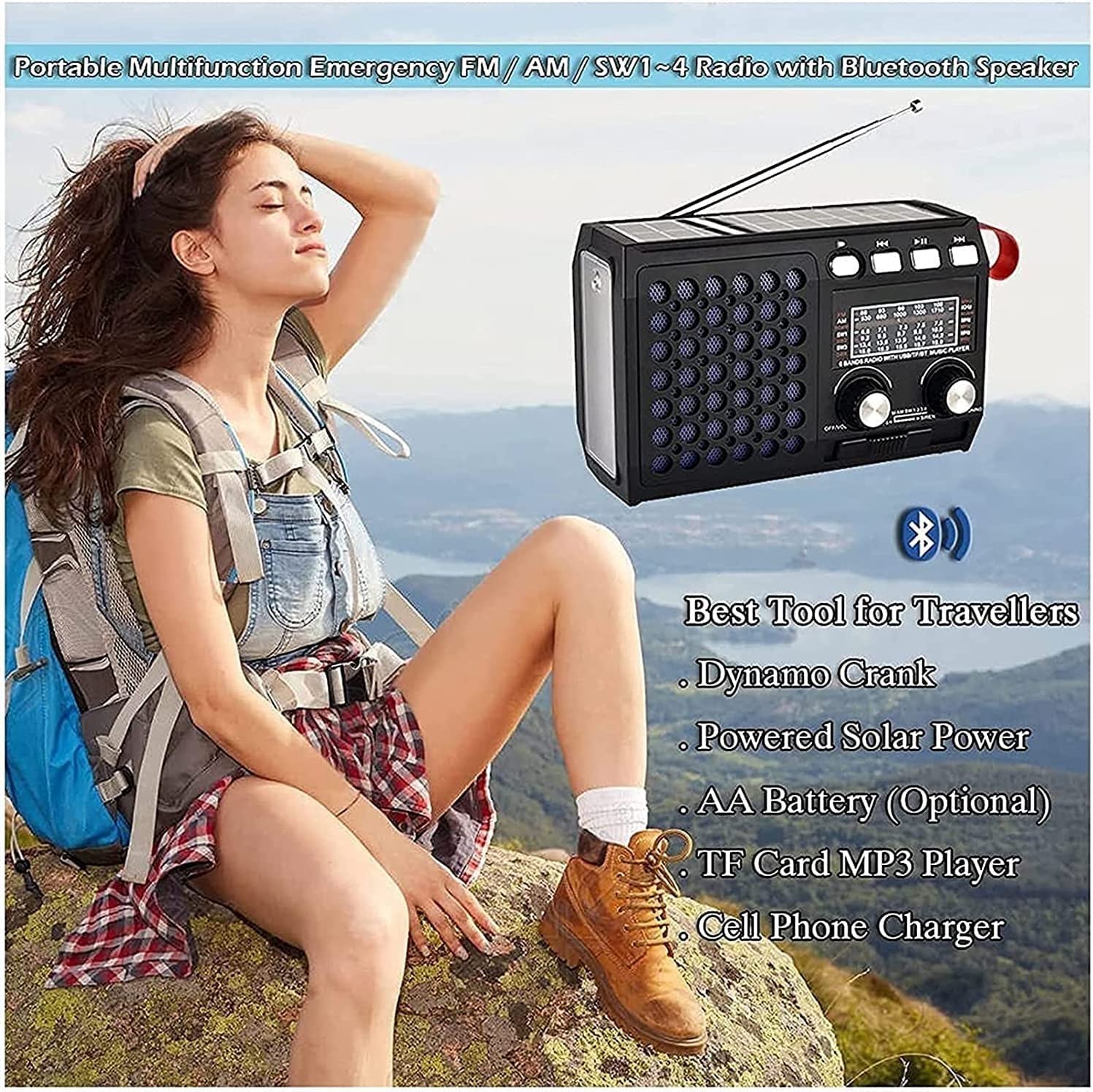 LIIAV Radio à manivelle d'urgence, radio météo portable AM/FM à manivelle solaire 4000 mAh avec lampe de poche LED, lampe de lecture, alarme Sos, chargeur de téléphone portable, idéal for les urgences