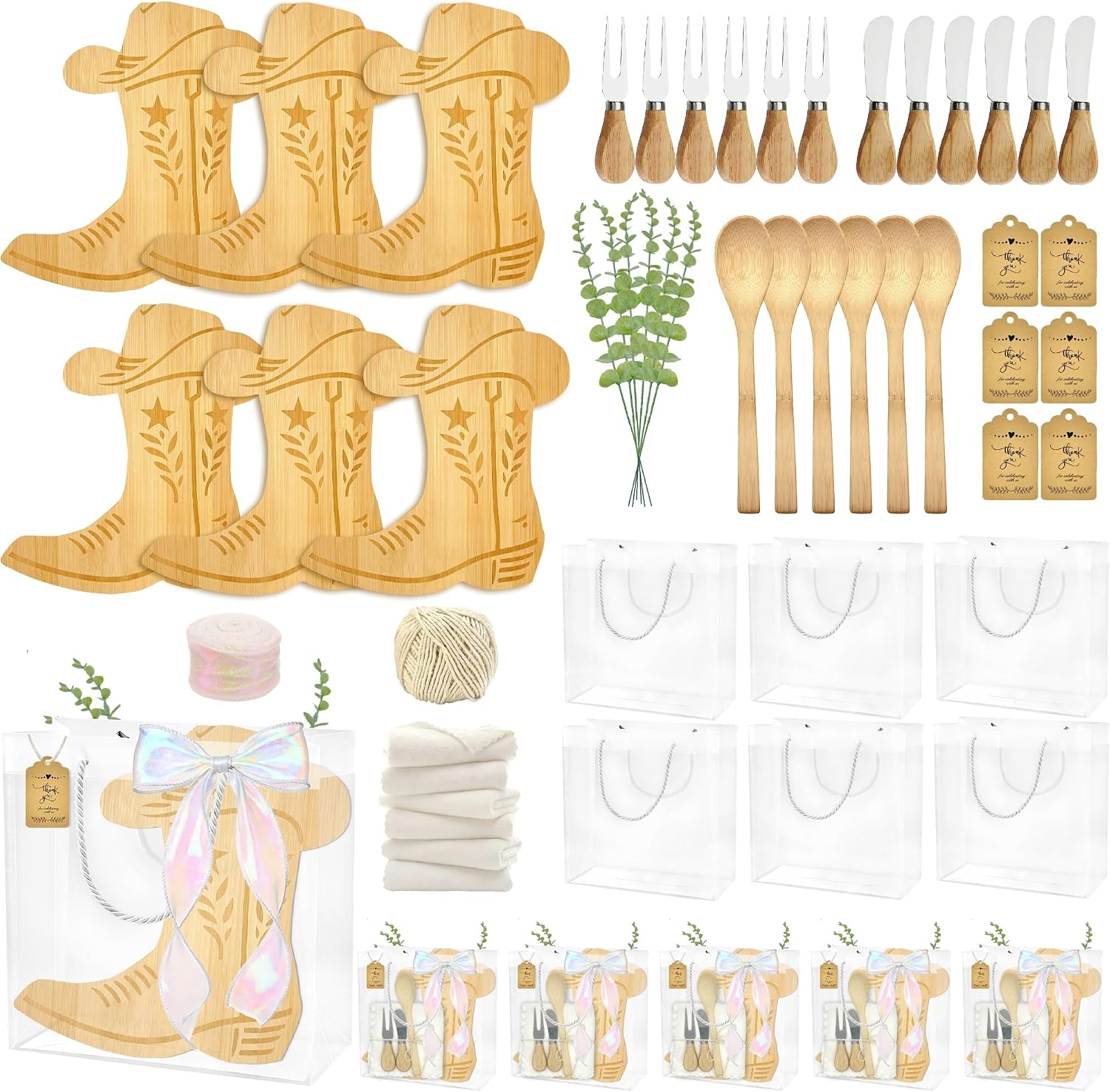 50 Pcs Western Party Decoration Gifts Baby Shower Prizes for Game Winners Sets of 6 Boot Cheese Board with Forks Gift Bag Cowgirl Cowboy Birthday Favors for Guests Boots or Bows Gender Reveal Supplies