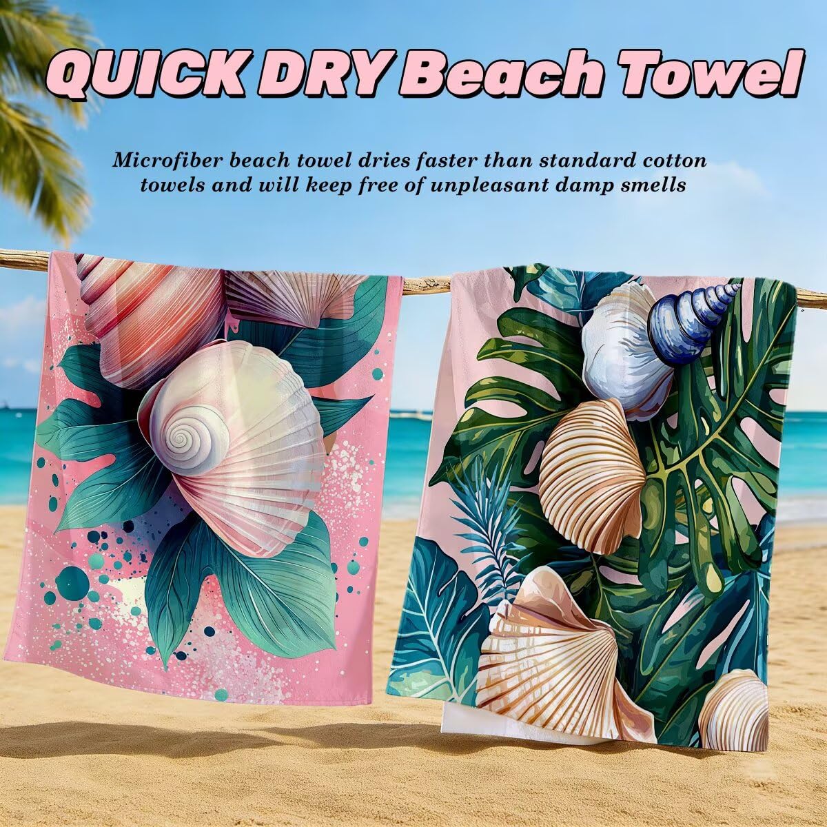 Ręcznik plażowy z mikrofibry, zestaw 2 dużych ręczników kąpielowych 100 x 200 cm, szybkoschnący ręcznik kąpielowy z muszli, ręczniki plażowe, sportowe ręczniki z mikrofibry do podróży -4854