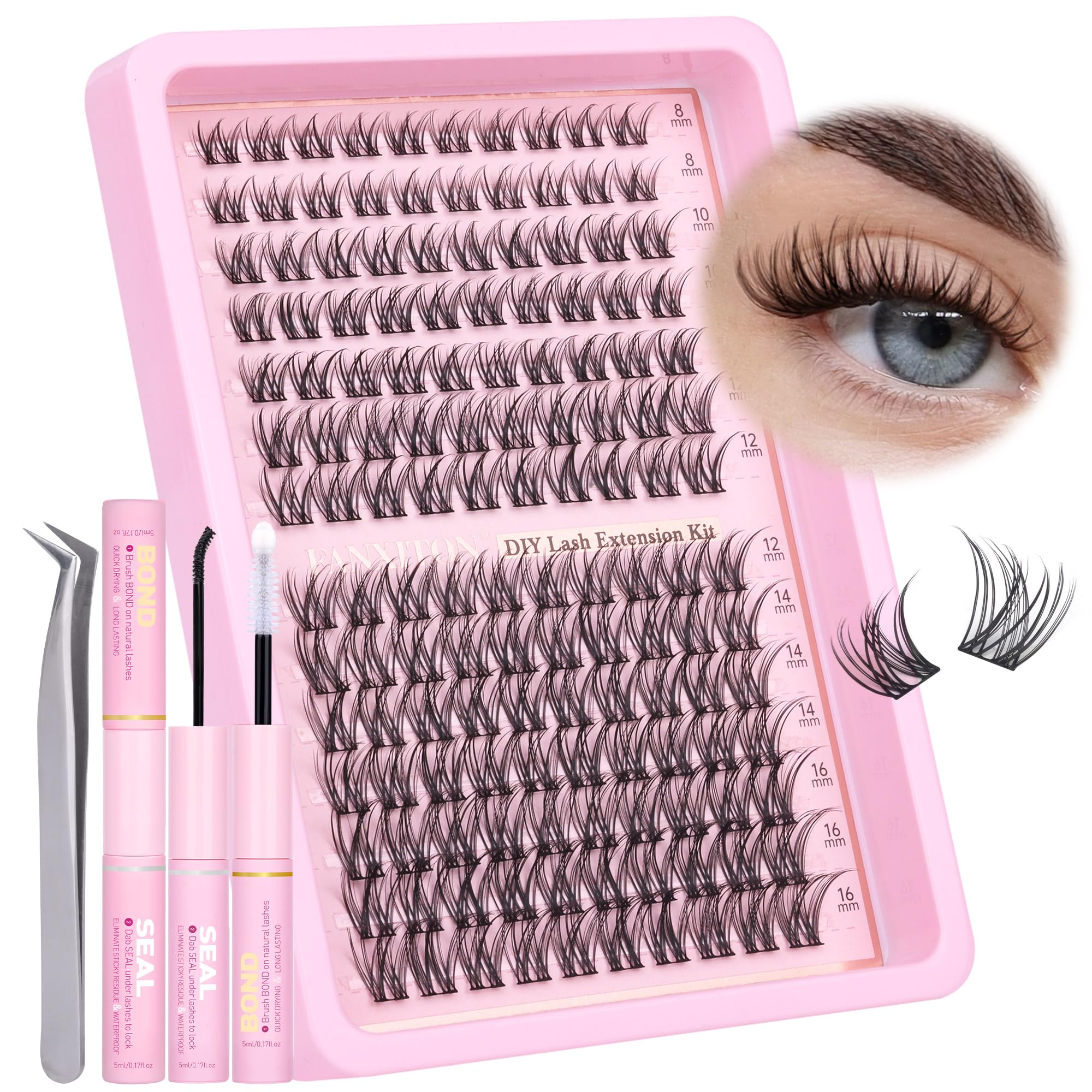 Natural Lash Extension Kit 8-16mm Lash Clusters Wispy Eyelash Clusters Sweatproof Lash Clusters C Cluster 144pcs with Bond and Seal Lash Glue and Eyelash Extension Tweezers DIY at Home