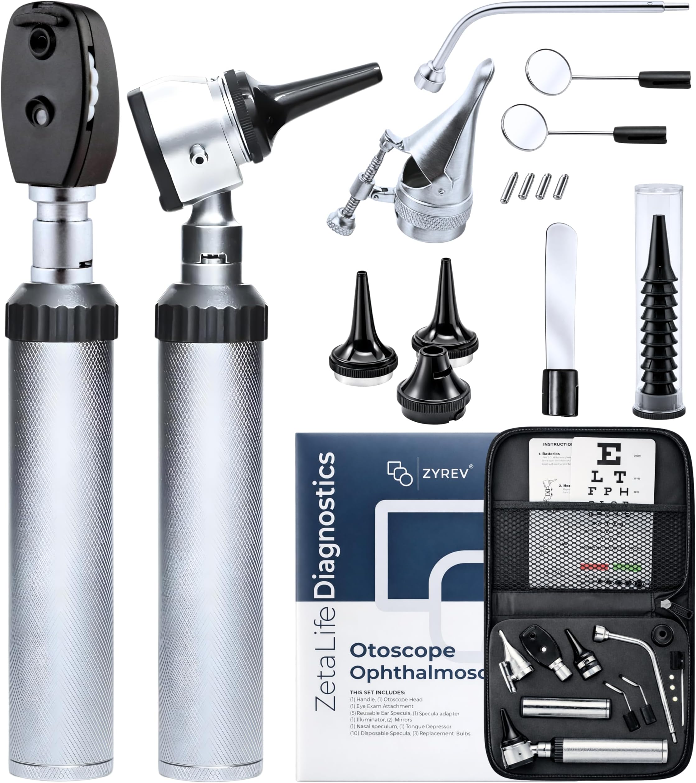 Zyrev Otoscope Oph Diagnostic Set - 34 Piece Medical and Nursing Student Otoscope/Opthalmoscope Kit - with Leather Case for Educational and Professional Settings (Advanced)