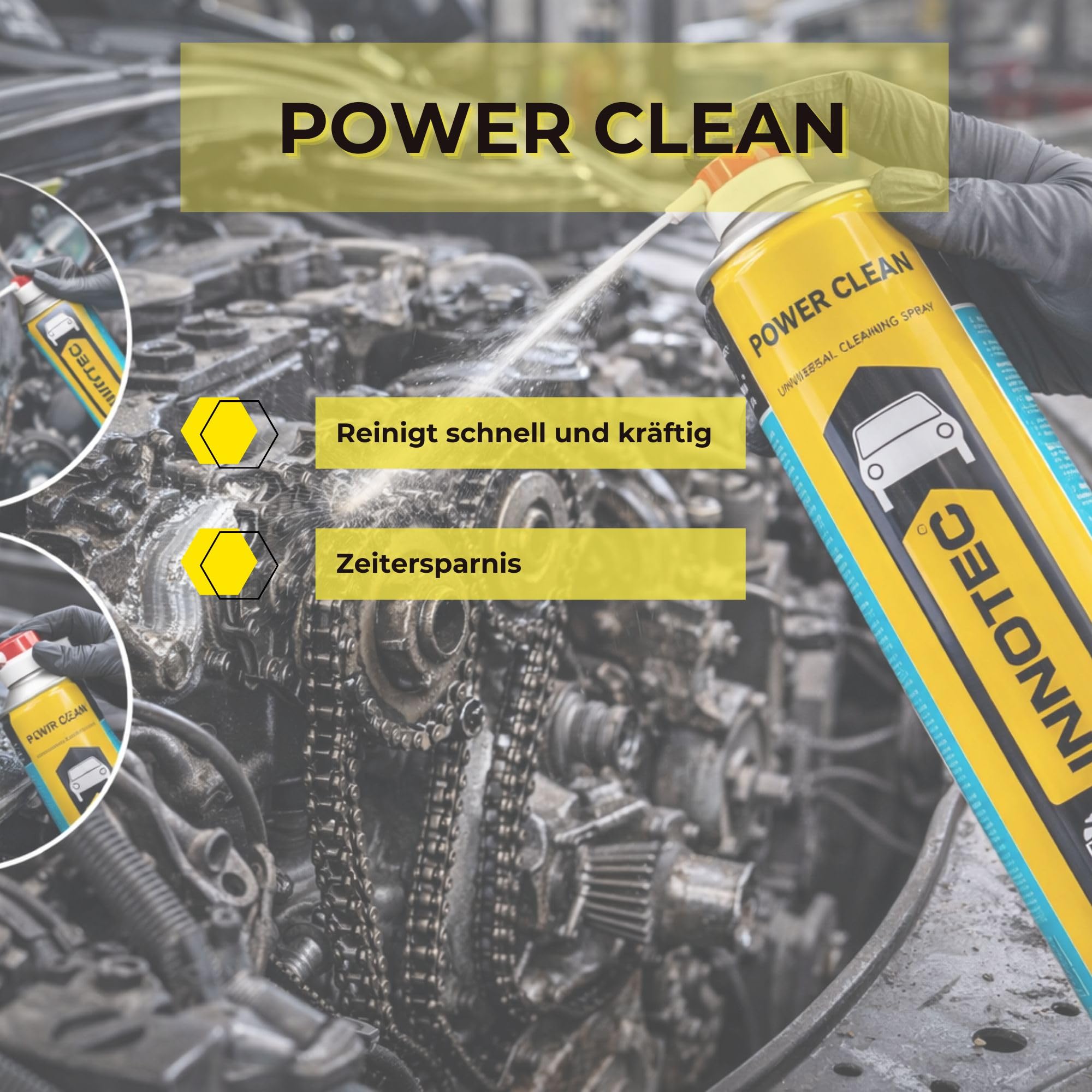 4 Stück INNOTEC Power Clean 750 ml Aerosol – Universalreiniger & Entfetter – entfernt Fett, Öl, Teer, Wachs und Kleberückstände – ideal für KFZ, Werkstatt, Maschinenbau & Industrieanwendungen