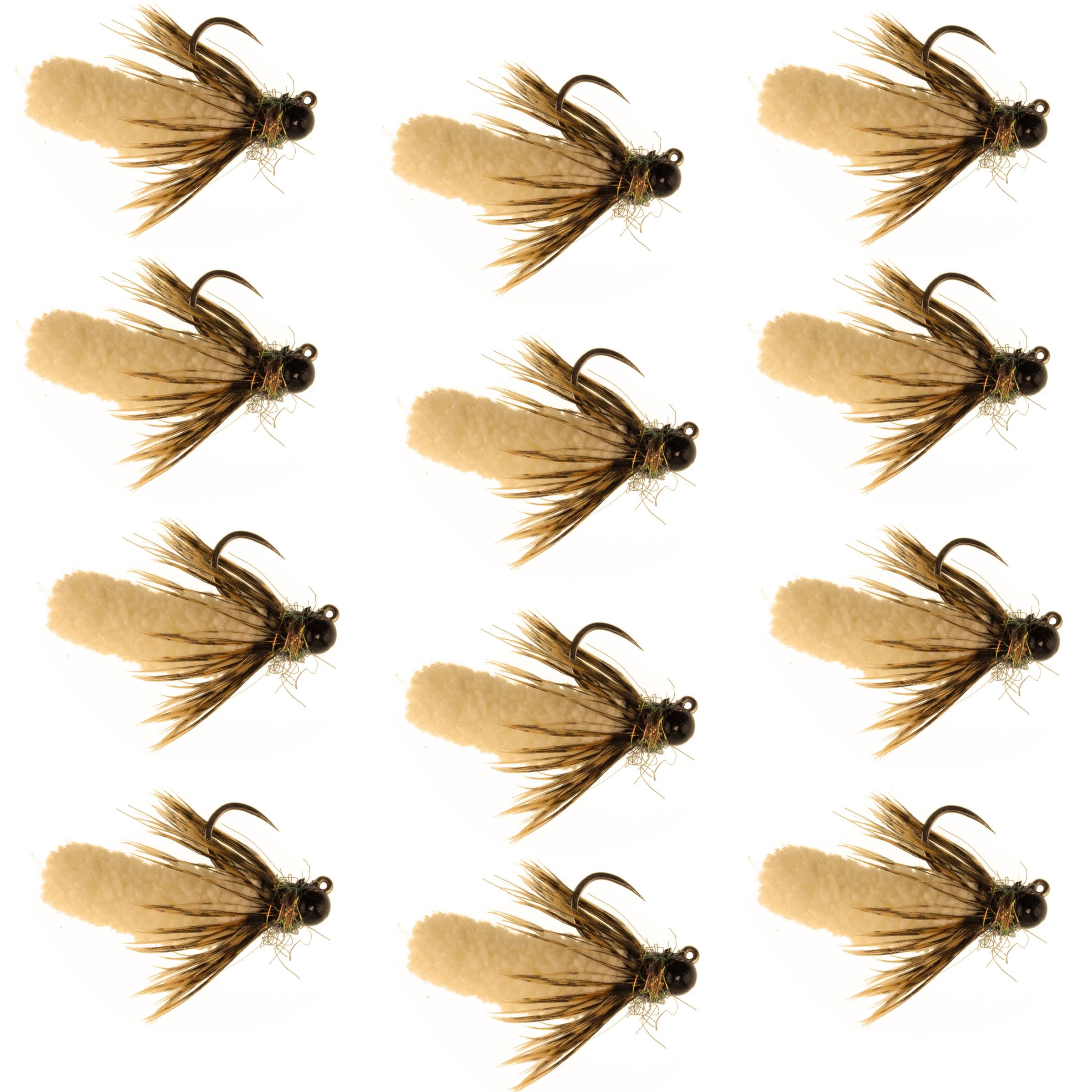 The Fly Fishing Place Tungsten Bead Tan Mop Fly Tactical Jig Czech Euro Nymph Barbless Nymphing Fly - 1 Dozen Flies Size 14