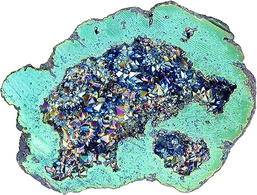 TUMBEELLUWA Decoración de piedra de geoda de cristal con revestimiento de titanio irregular, espécimen de racimo de roca de arco iris natural para