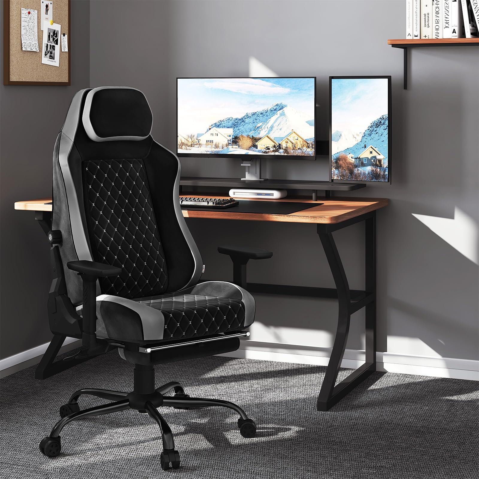 WOLTU Sedia Gaming,Supporto Lombare Adattivo Incorporato,Nero + Grigio | Velluto,con Braccioli Regolabili e Poggiapiedi Estensibile
