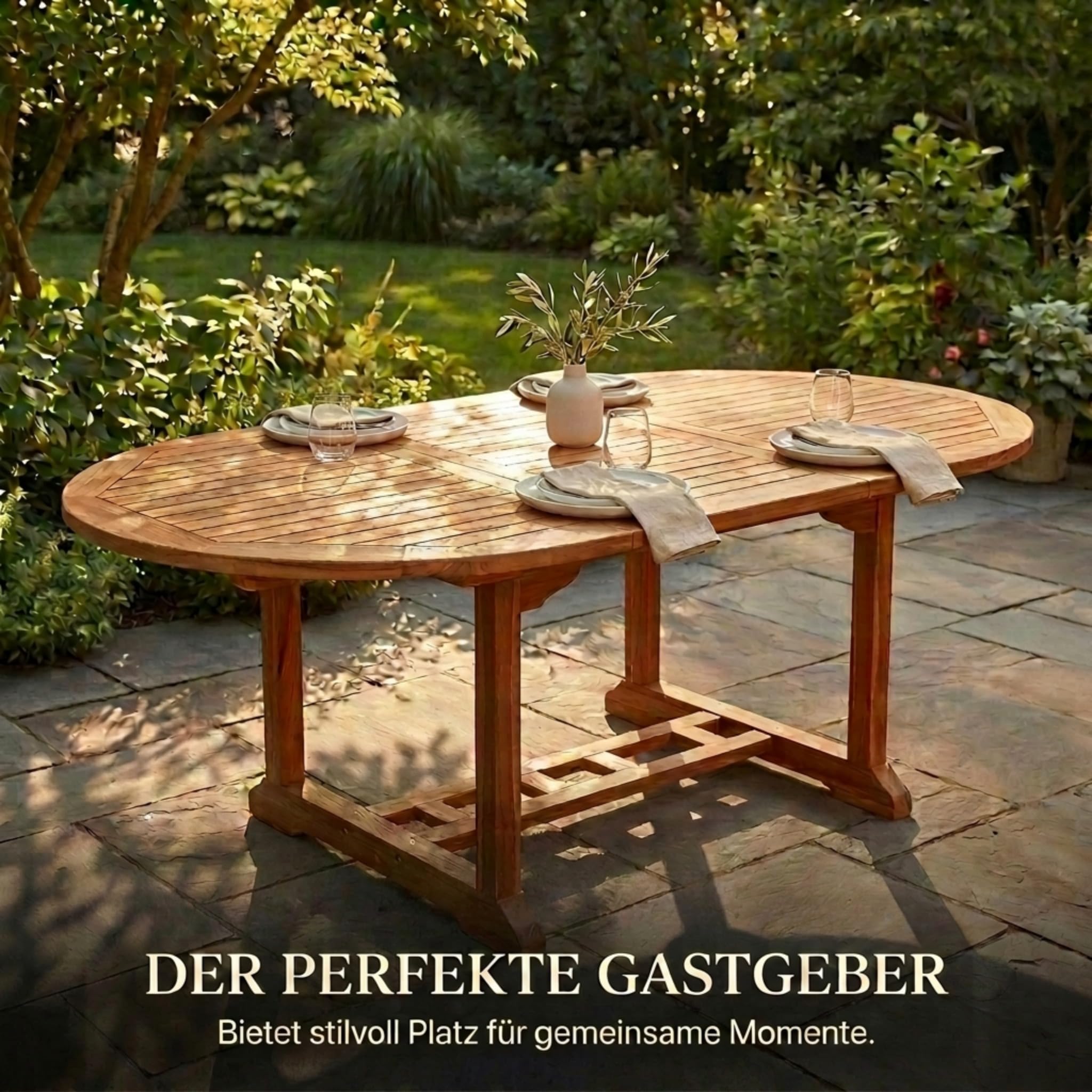 SAM Premium Gartentisch ausziehbar Borneo, runder Garten Tisch aus Teakholz 120-170 x 120 cm, oval ausziehbar, wetterfester Terrassentisch mit Schirmloch, Holztisch für Garten und Terrasse