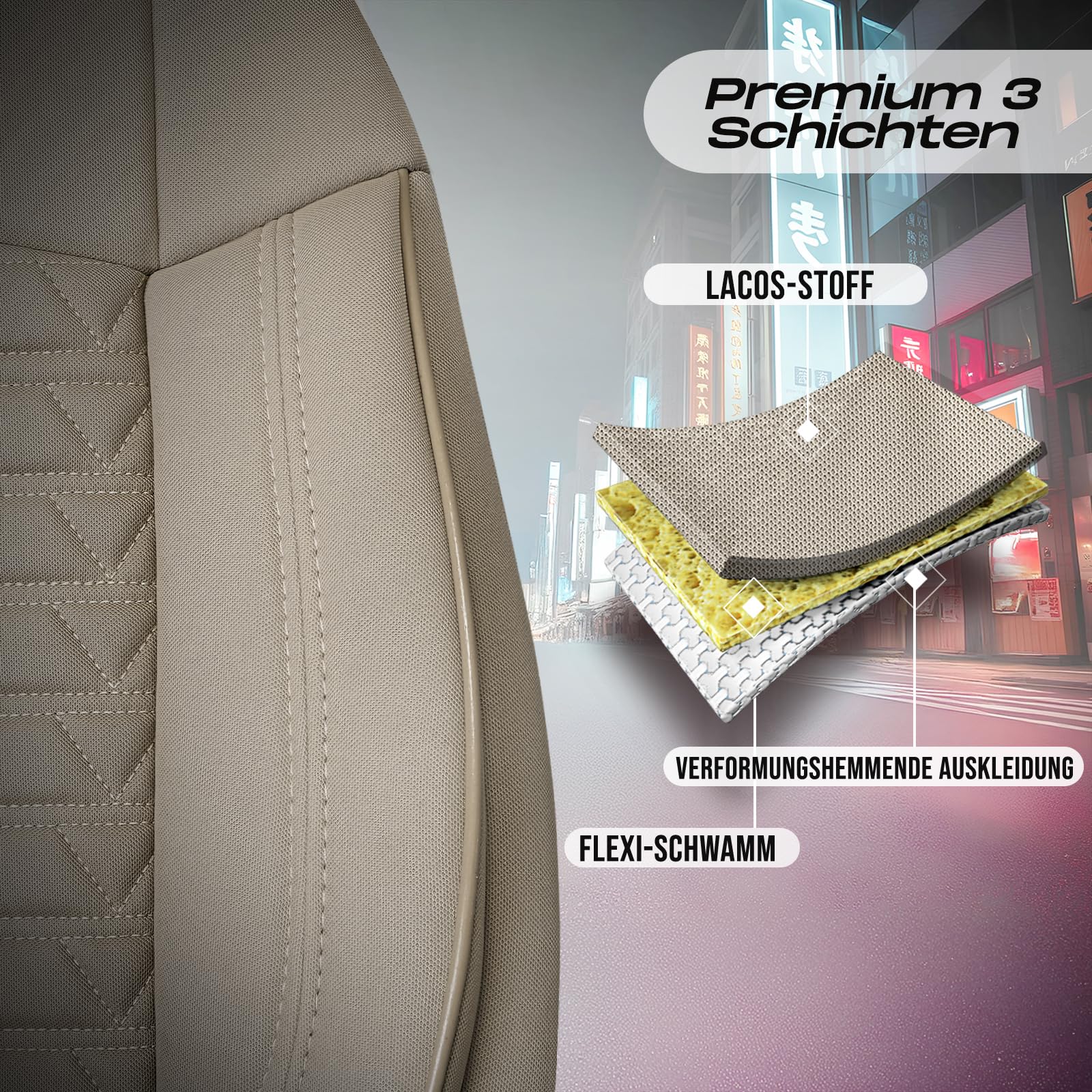 Autositzbezüge Universal für PKW & SUV – Premium Vordersitze Auto Sitzbezug aus Lacoste-Stoff, Beige, Airbag-Kompatibel Sitzauflage, Autoschonbezug, Vordersitz-Set inkl. Montageset