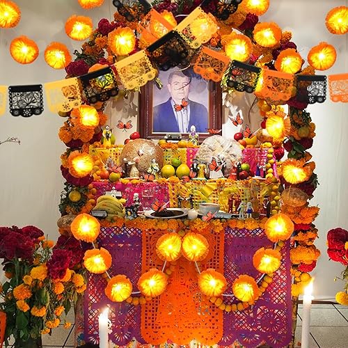 Riceshoot 21 Pcs Dia De Los Muertos Decoration, Day of The Dead Altar Kit, 3 Pack 4.9 ft Lighted Artificial Marigold Garland Arch 2 Pack 16.4 ft