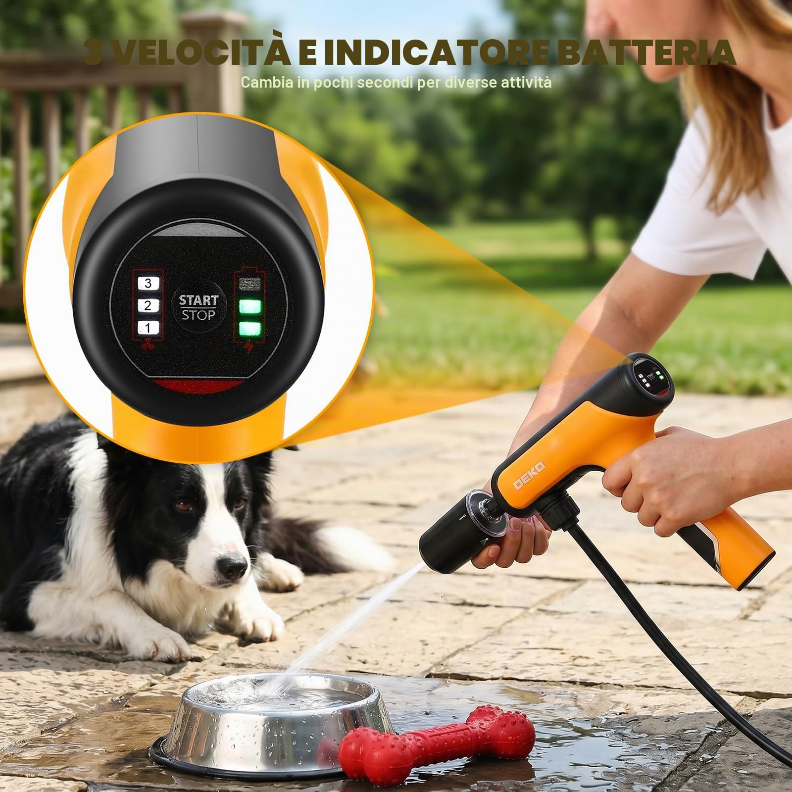 DEKO Idropulitrice a Batteria Portatile 7.4V: 130PSI 2000ml/min, 5 Modalità Spruzzo, Pistola Idropulitrice per Lavaggio Auto, Giardino, Campeggio, Pavimenti e Animali Domestici