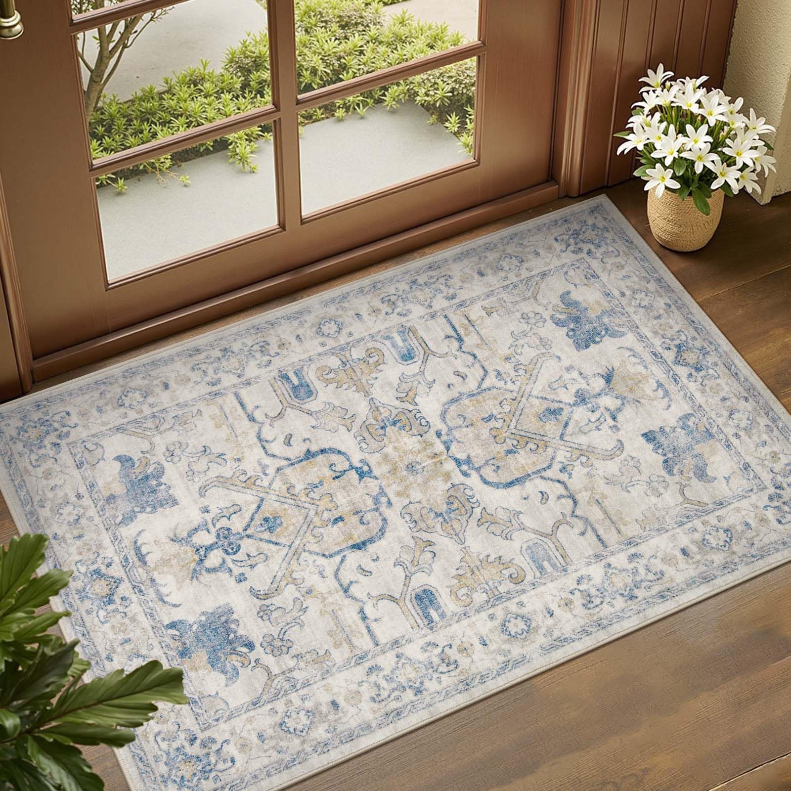 jinchan 2x3 Washable Rug for Entryway - Vintage Floral Ultra-Thin Low Pile Soft Small Non-Slip Distressed Indoor Doormat Accent Rug for Entrance