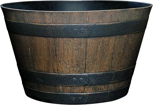 Classic Home & Garden Whiskey Barrel Planters, Wood Finish Flower Planter Pot, Stylish Indoor & Outdoor Resin Garden Pots, Weather-Resistant Planting Pot (20.5" Kentucky Walnut, 1- Pack)