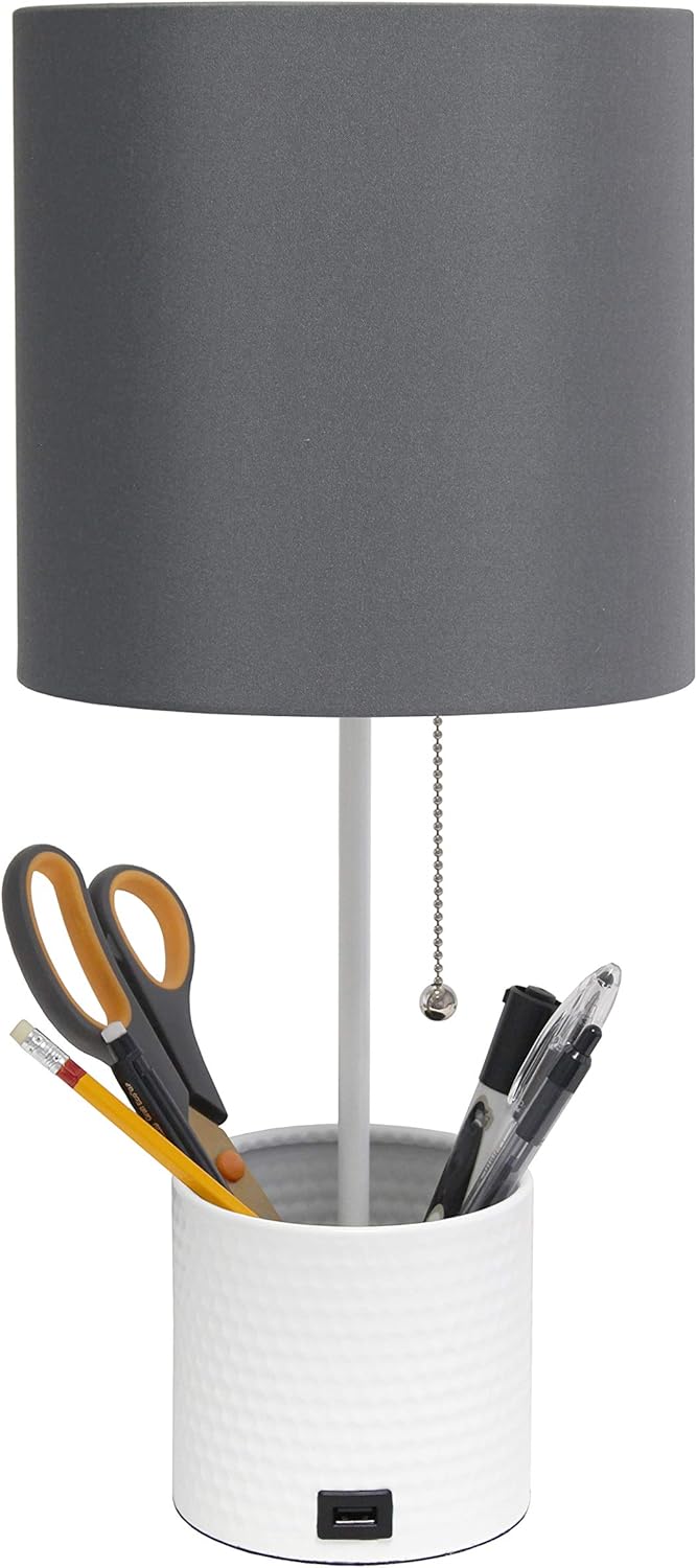 Simple Designs LT1085-GOW White Hammered Metal Organizer Table Lamp with USB charging port and Fabric Shade, Gray