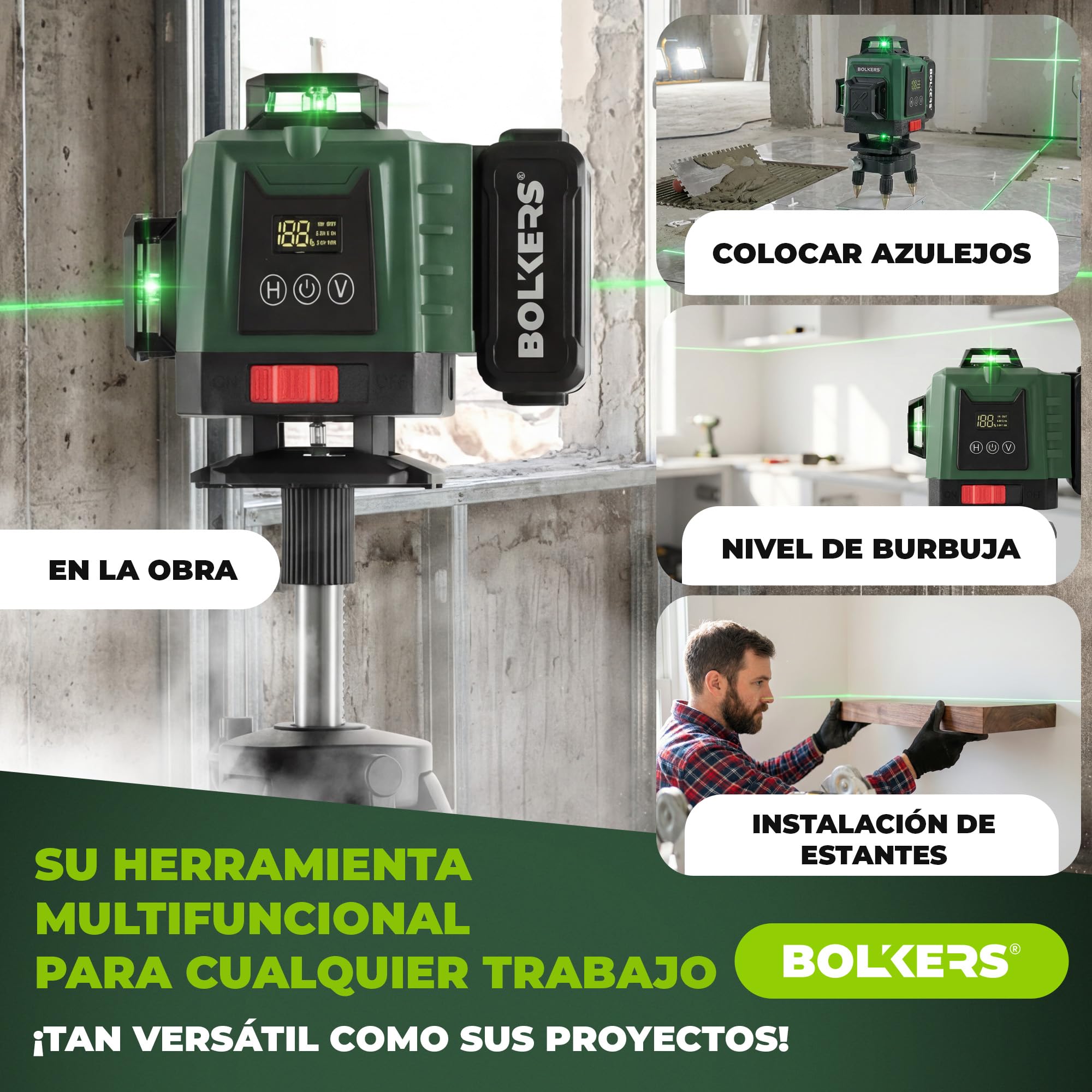 ProLaser 4x360° Nivel Láser de Líneas Cruzadas con Trípode - Láser Verde Autonivelante, Nivel Láser Construcción, 16 Líneas, 2 Baterías, Estuche & Accesorios para Azulejos, Pared & Instalación