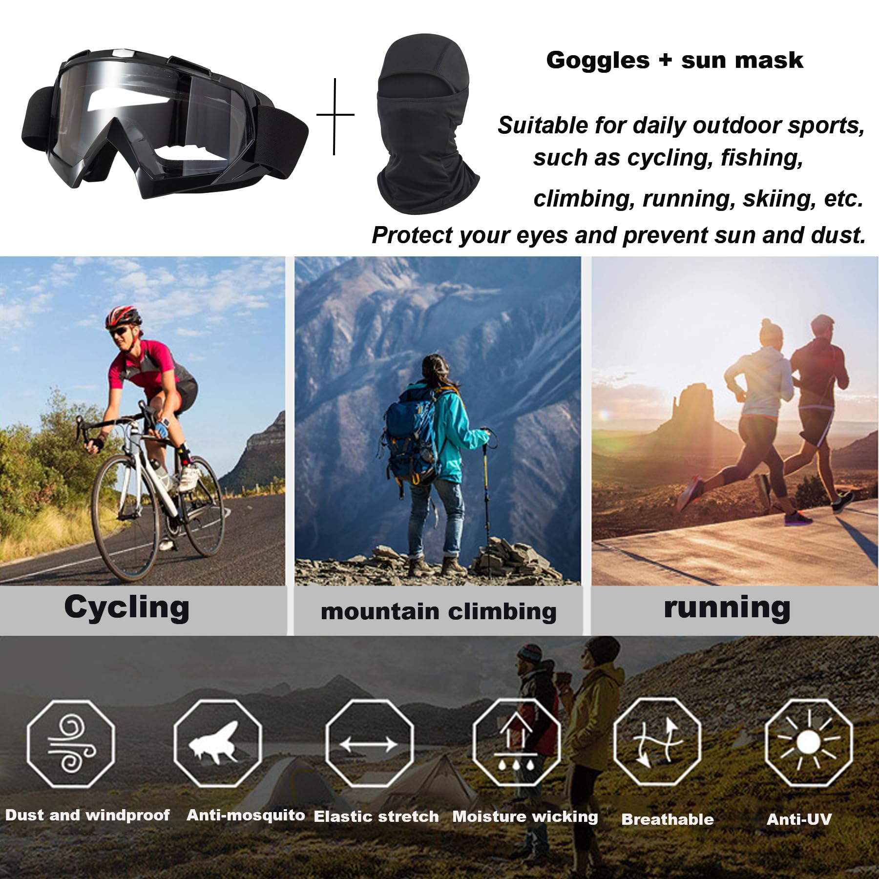 LJDJ Dirtbike-Brille, ATV, Offroad-Reiten, Motorrad, Motocross-Brille mit Sonnenschutz, UV-Schutz, Sturmhaube, Vollgesichtsabdeckung