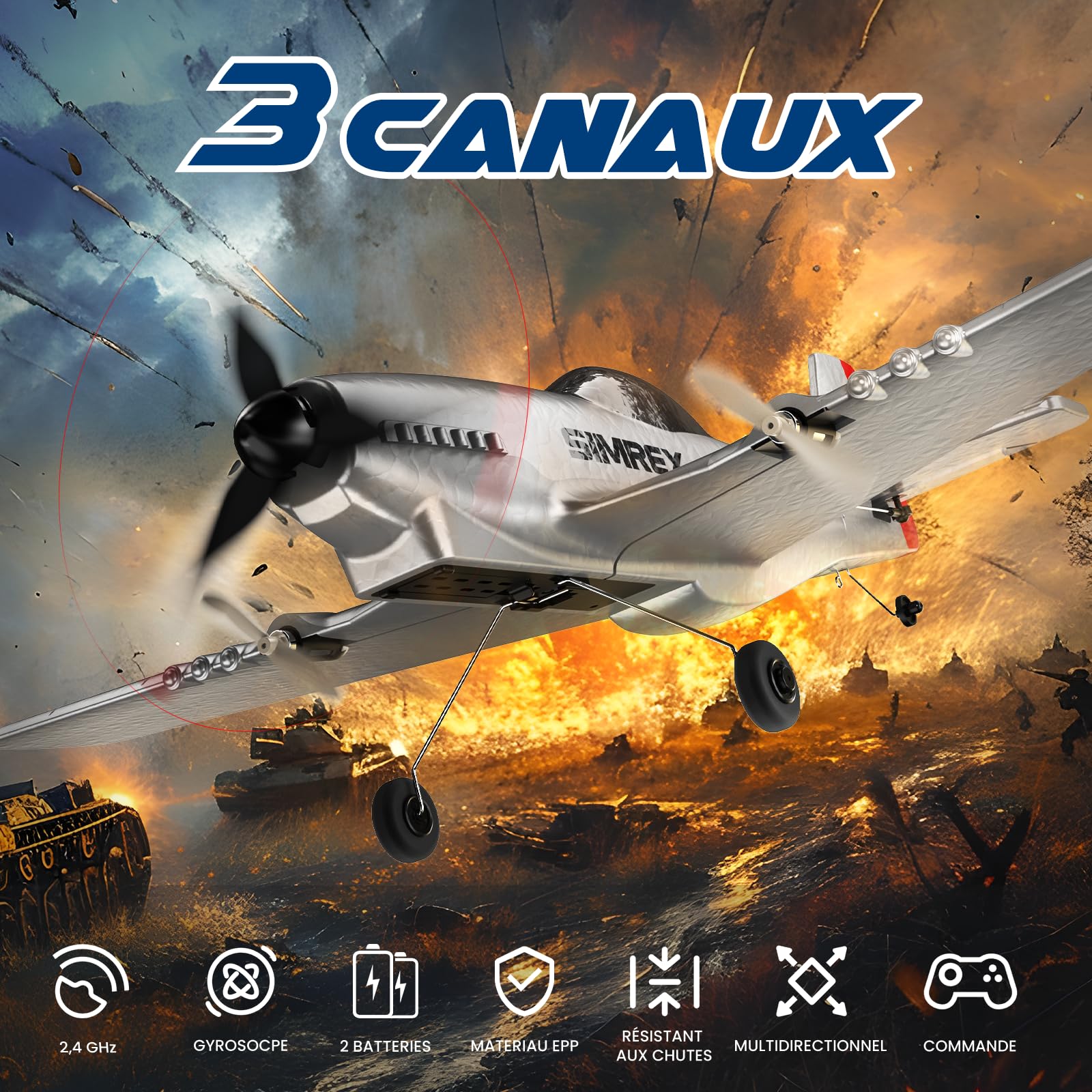 SIMREX Avion RC pour Enfants - Avion télécommandé 2,4 GHz 3 canaux avec Gyroscope 6 Axes, 2 Vitesses, 2 Batteries, Avion RC P51, Planeur en Mousse - Cadeau pour garçons et Filles