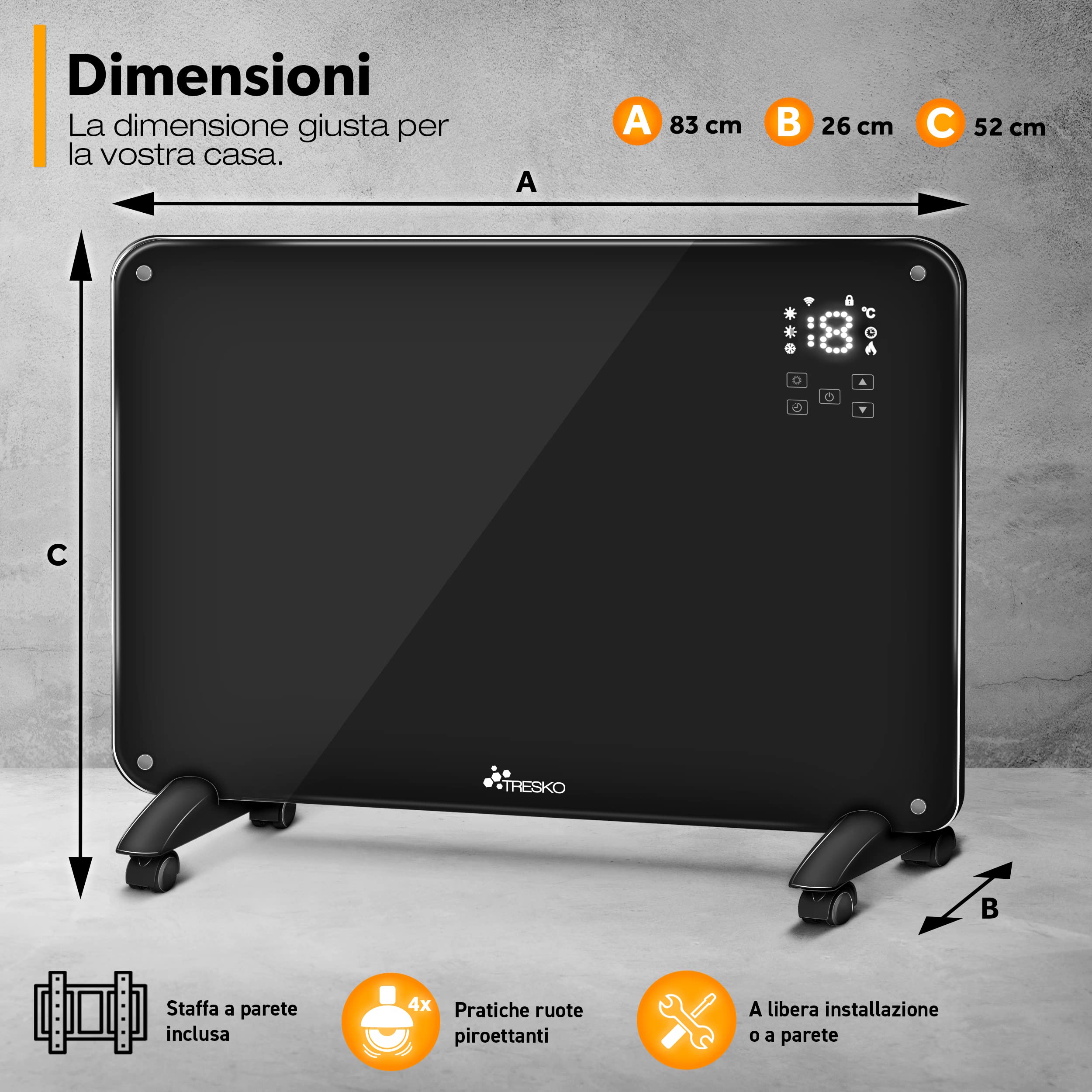 TRESKO Termoconvettore in vetro da 2000 W, APP WiFi, riscaldatore elettrico con telecomando, termoconvettore in vetro Touch e display LCD, riscaldamento elettrico a pavimento o a parete (nero)
