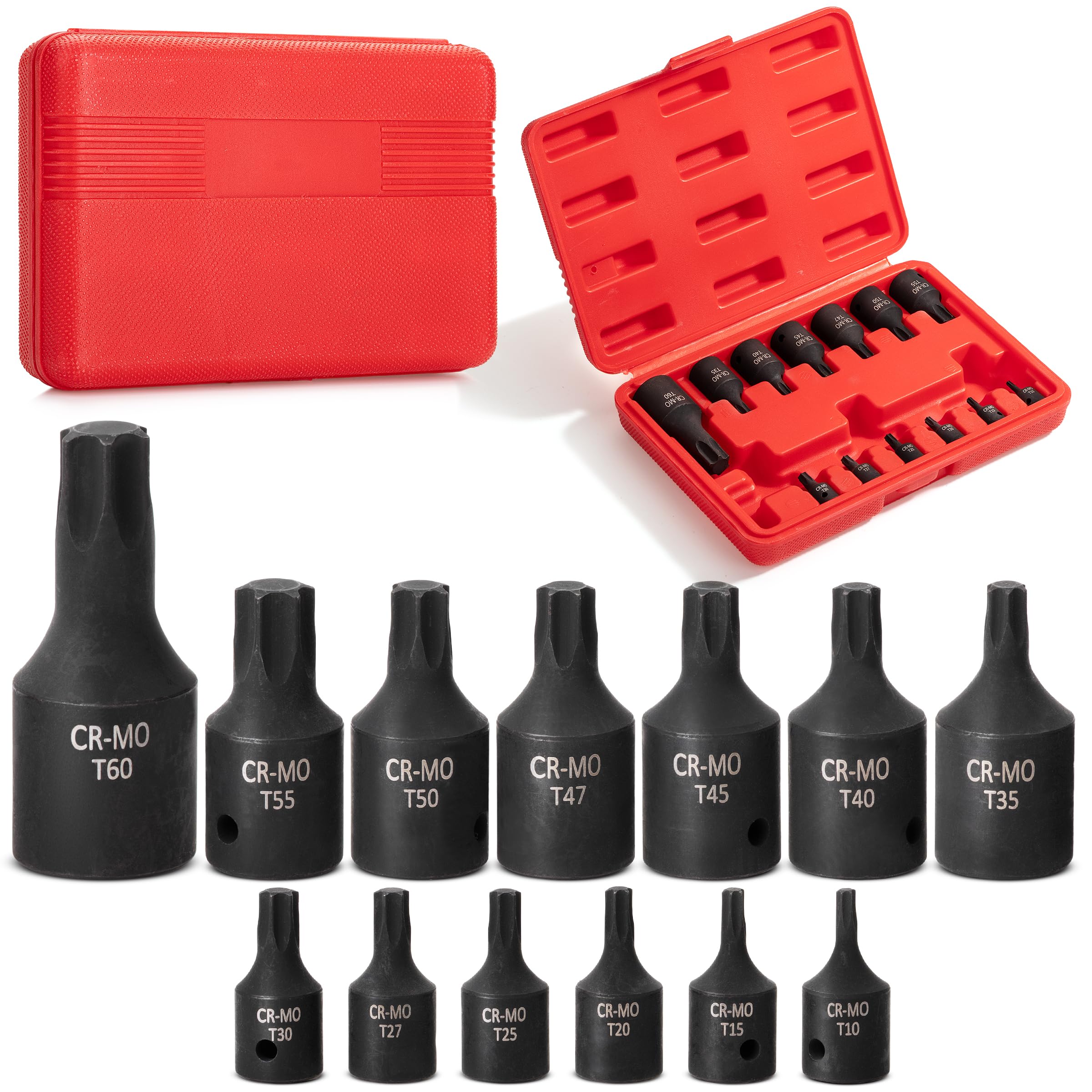 Bates- Impact Torx Bit Socket Set, 13 pcs, T10-T60, 1/4" 3/8" & 1/2" Drive, Cr-Mo Steel, Impact Torx Socket Set