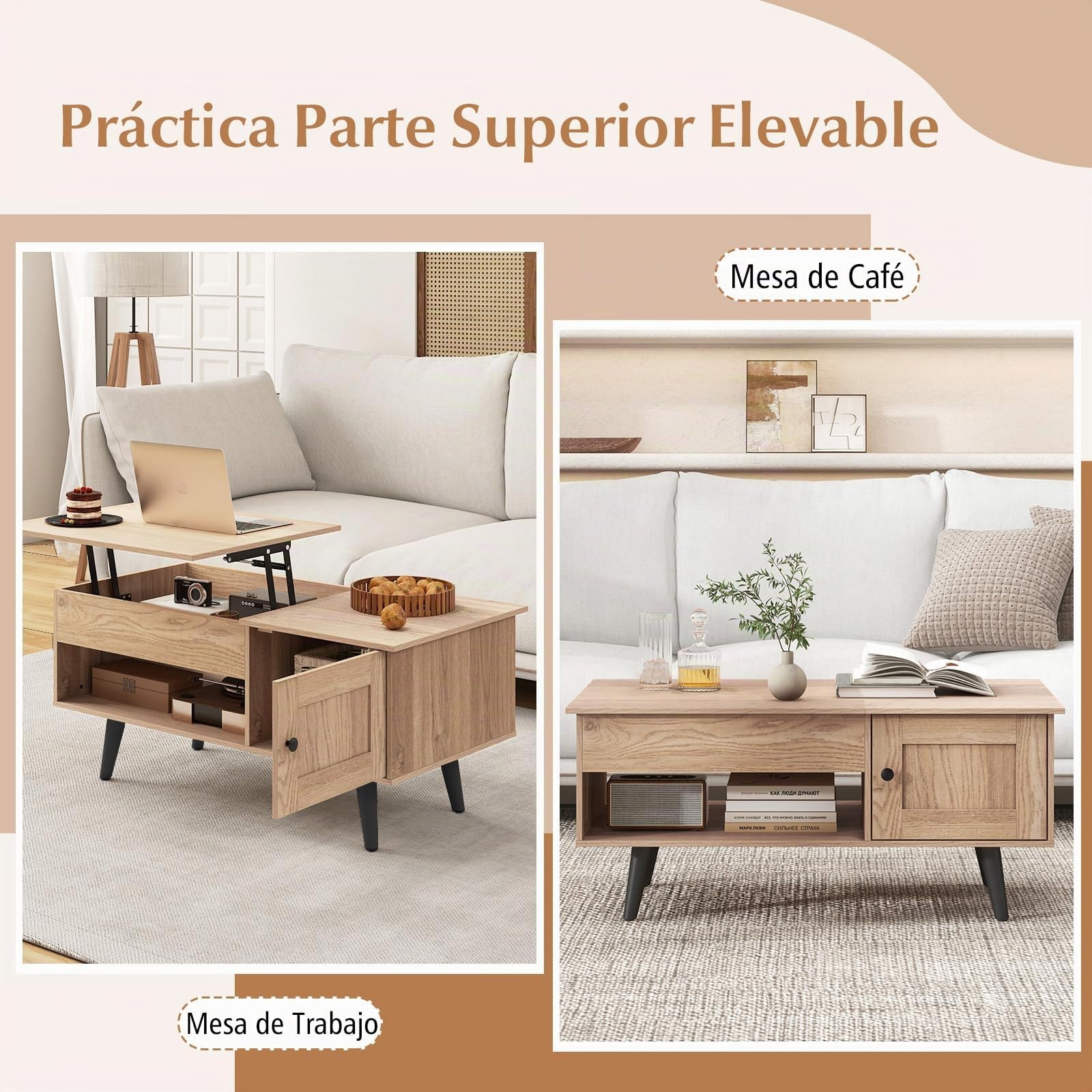 COSTWAY Mesa de Centro Elevable, Mesa de Café con Tablero Elevable, Gabinete, Compartimento Oculto y Estante Abierto, Mesita de Salón para Estudio y Oficina, 100 x 50 x 46-60 cm (Natural)