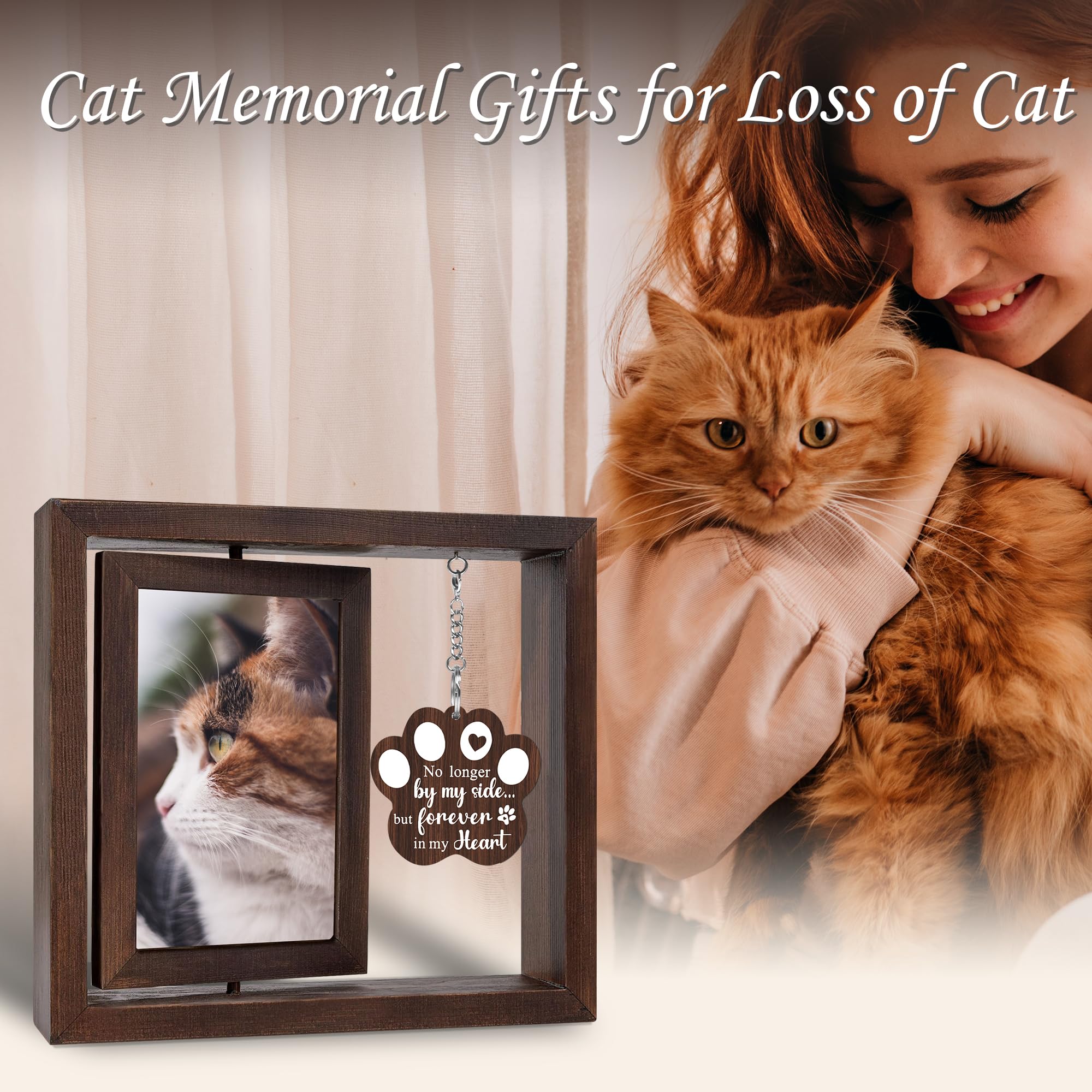 SHOW-YA Cat Memorial Gifts for Loss of Cat - Pet Memorial Gifts Cat,Loss of Cat Sympathy Gift, Cat Passing Away, Pet Remembrance Gift Cat,Rotating Wooden Cat Picture Frame 4x6 Photo