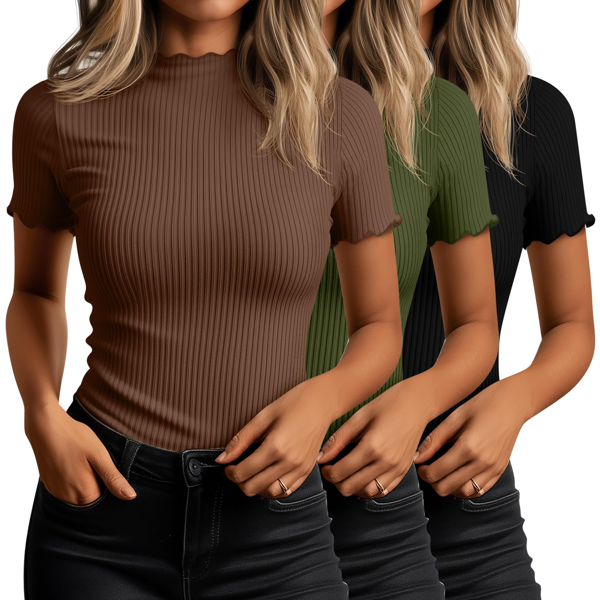 Huukeay 3 Pack Women's Mock Turtleneck Tops Short Sleeve Shirts