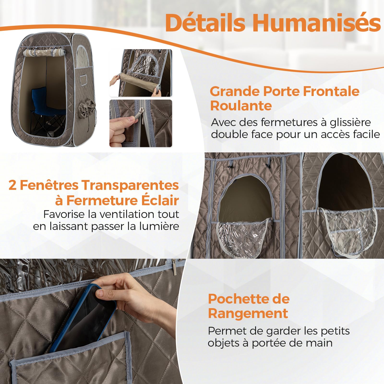 RELAX4LIFE Sauna à Vapeur Portable, Tente Sauna Portable Vapeur 3L, Température 9 Niveaux, Cadre INOX, Chaise Pliable, Trous pour Pieds, Fenêtres Zippées, Porte Enroulable, Sauna Portable, Gris