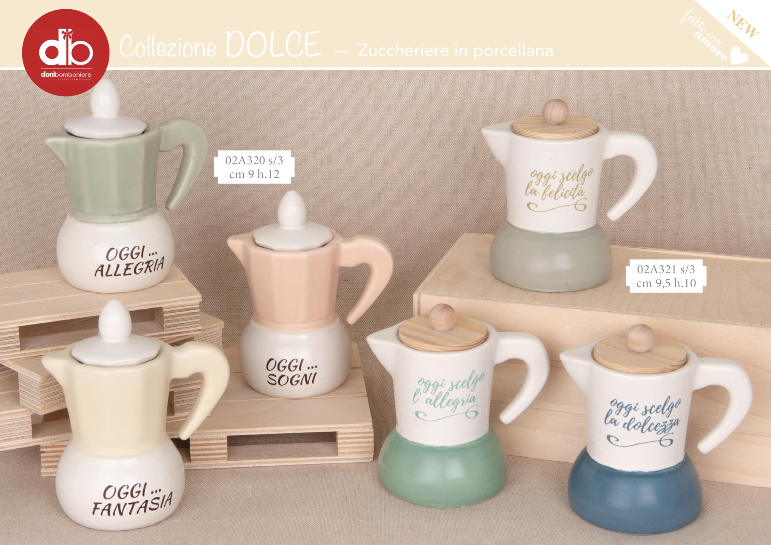 Doni Bomboniere Matrimonio 6PZ Zuccheriera A Forma di Moka Anniversario Comunione Cresima con Coperchio in Legno E Frasi Oggi Scelgo La Felicità L'Allegria Dolcezza Idee Regalo Complete Originali