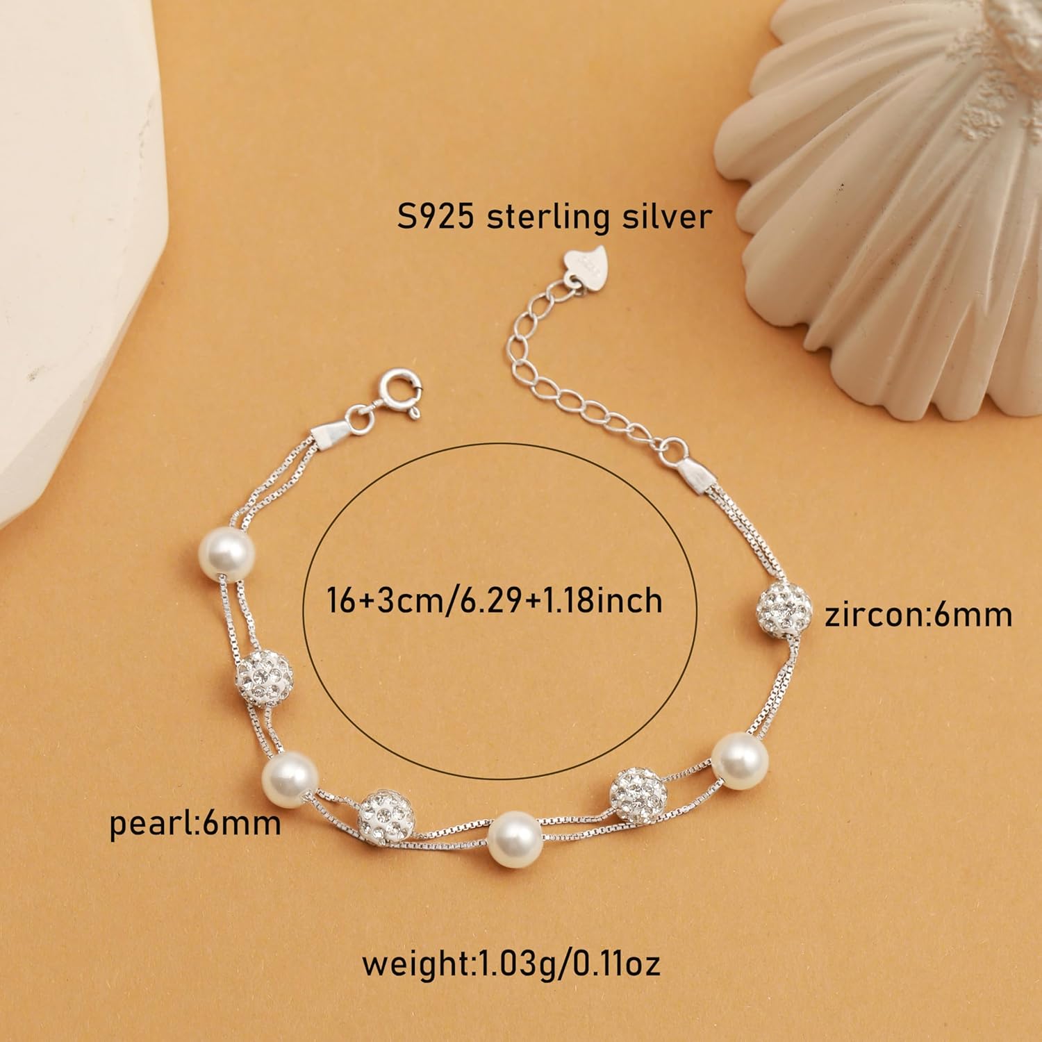 Dainty Pearl Zirconia Layered Bracelet for Women S925 Sterling Silver Pearl Crystal Beaded Bracelet to Daughter Mother Adjustable Link Chain Bracelets Birthday Wedding Jewelry Gifts - Image 4