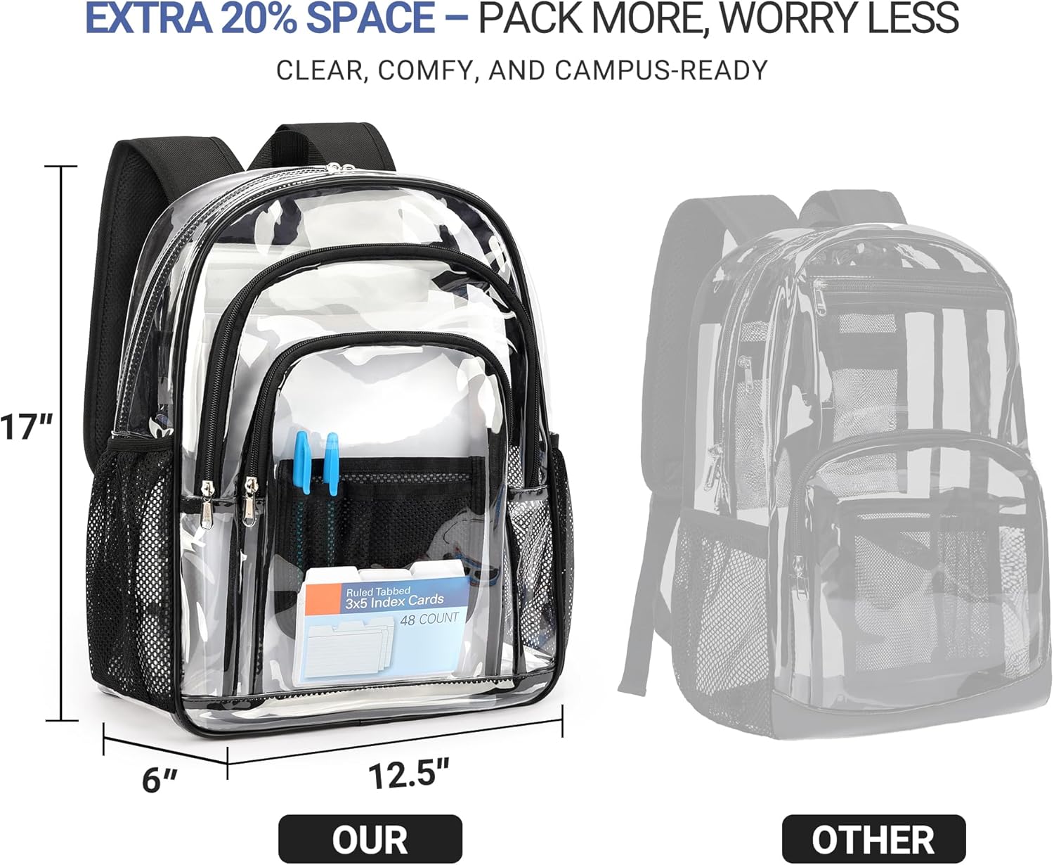 ZORFIN Clear Backpack Heavy Duty for School – 17in Transparent PVC Bag with Large Capacity & Reinforced Straps for Men, Women, Boys & Girls - See Through Bookbag for College Workplace Security, Black - Image 4