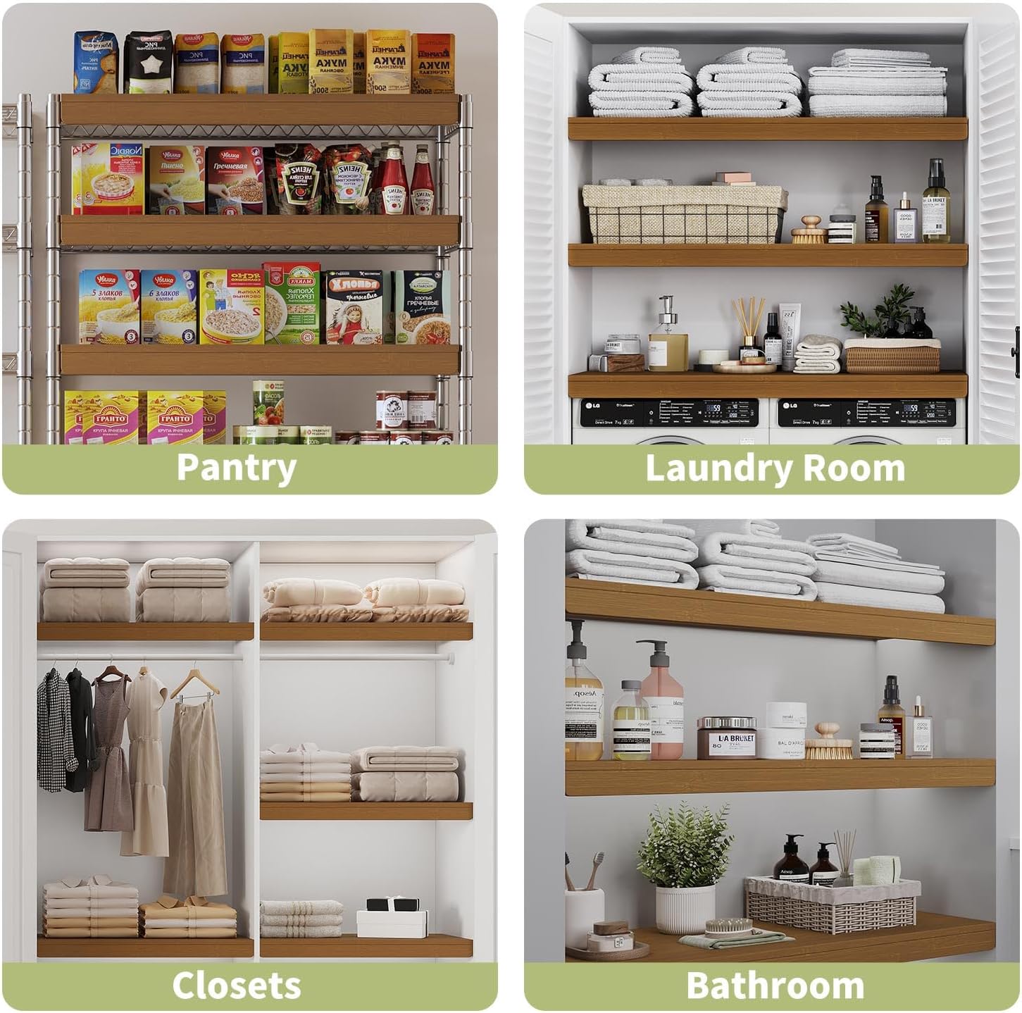 Bamboo Wire Shelf Covers, Snap-On Removable Wire Rack Covers, Modular Multi-Size Shelf Covers for Kitchen Pantry Closet Bathroom (Walnut,5pcs, 24" W x 12" D)