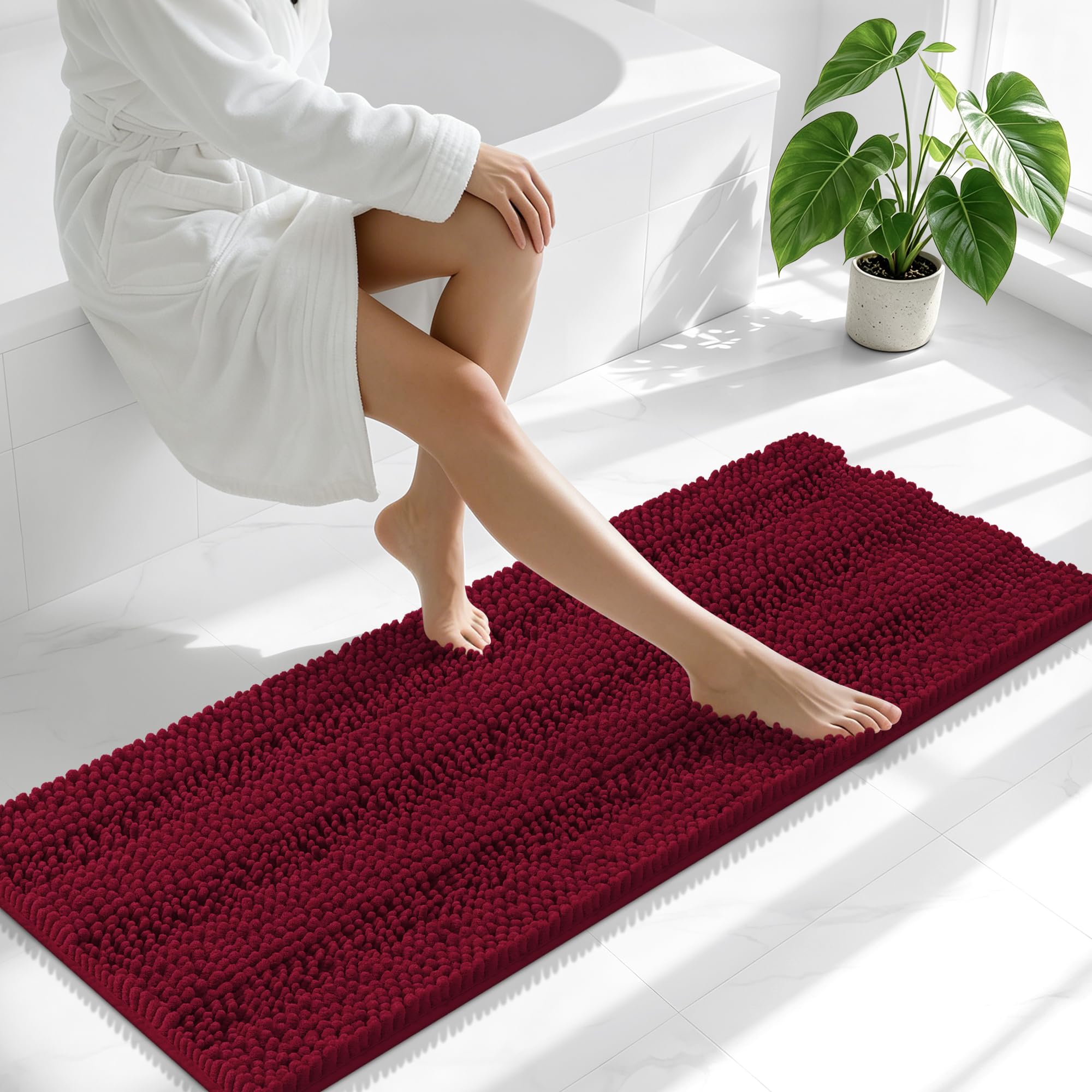 Smiry Thick Chenille Bathroom Runner Rugs 47x17, Soft Bath Mat, Burgundy