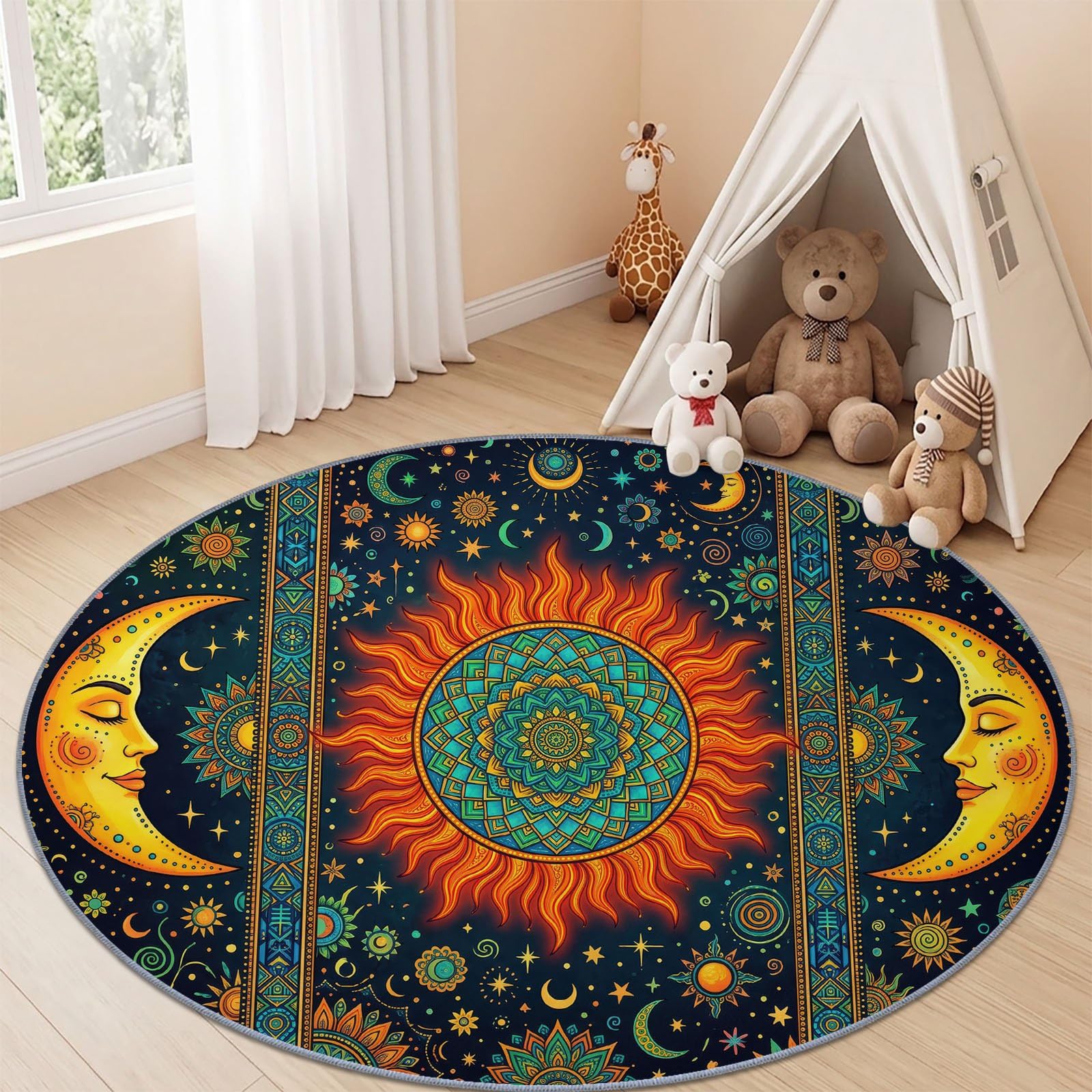 Okrągły dywan w stylu boho, etniczny, zmywalny, 160 cm, słońce, księżyc, mandala, gwiazdy, sztuczna wełna, antypoślizgowy, pomarańczowy, okrągły dywan do salonu, sypialni, pralni, dekoracja