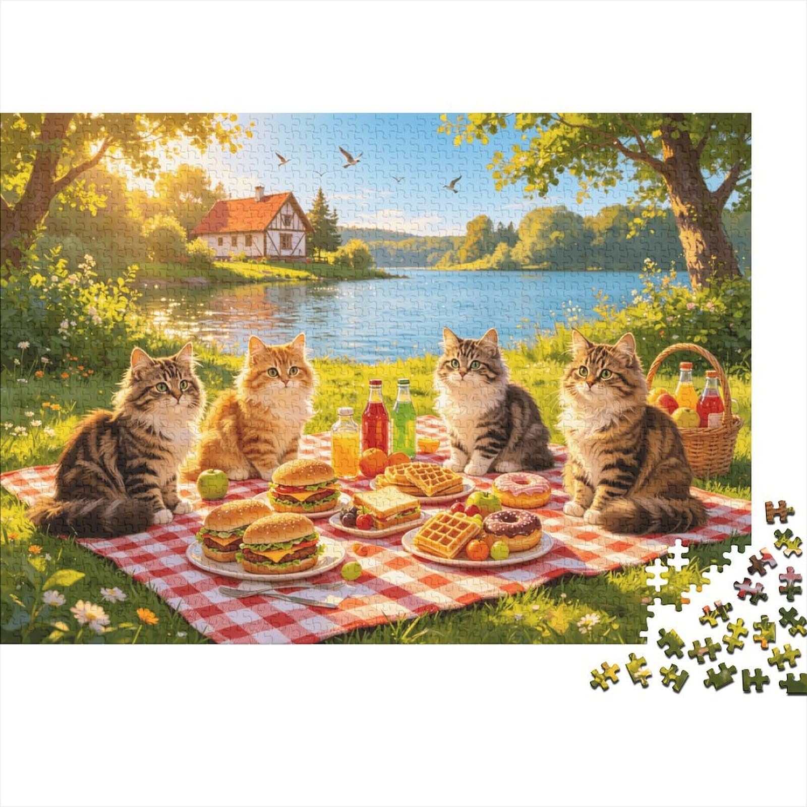 Cats Picnic Adult Jigsaws 1000 Piece Recycled Material Sunny Camping Jigsaw Puzzles Puzzle Game Props Party Game Props Great Gift Idea for Women 70x50cm/1000pcs