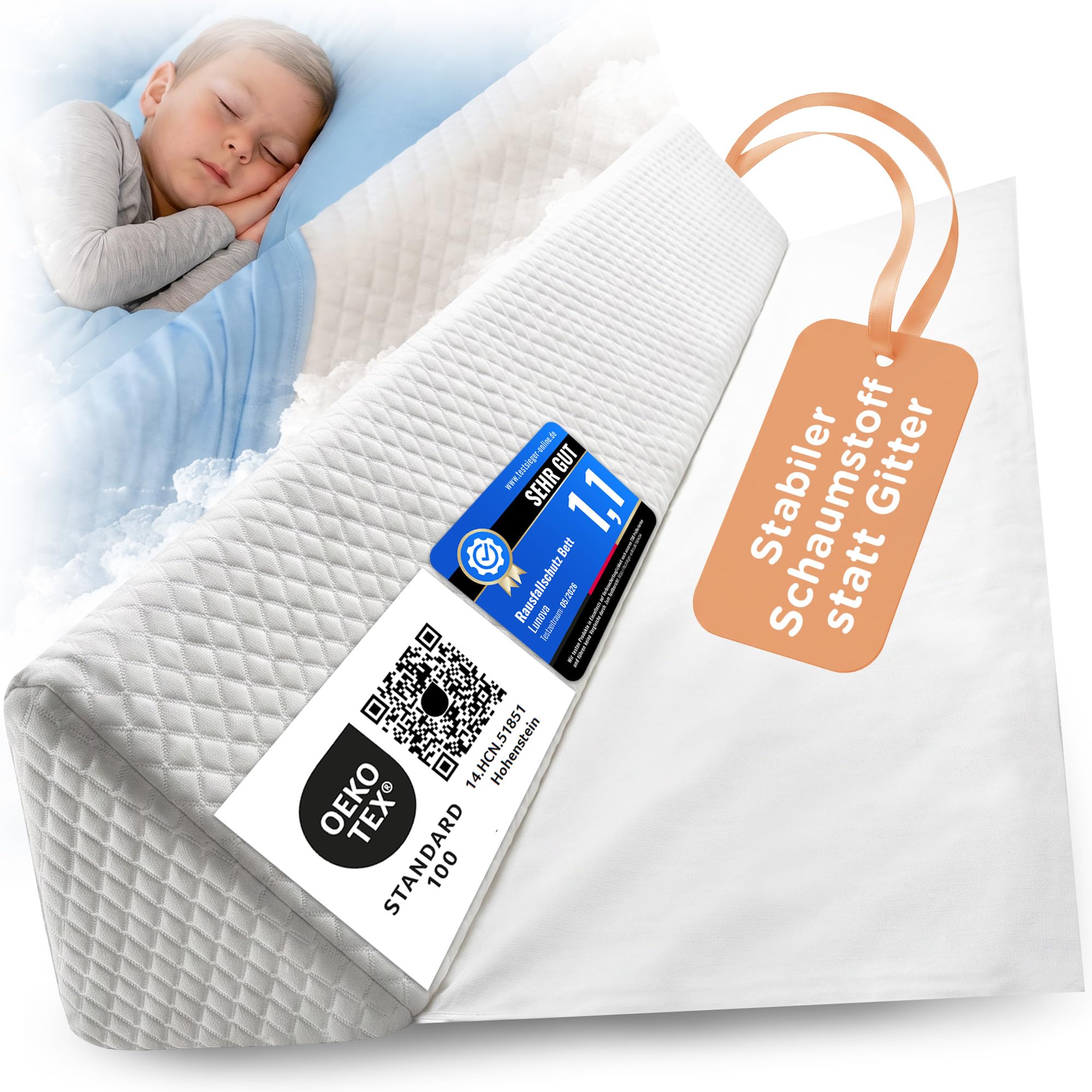 LUNOVA® Rausfallschutz Bett Kinder & Baby - Boxspringbett & Elternbett | Formstabiler Schaumstoff statt aufblasbar · ohne Montage · weiche Bettgitter-Alternative · Fallschutz fürs Kinderbett, 150 cm