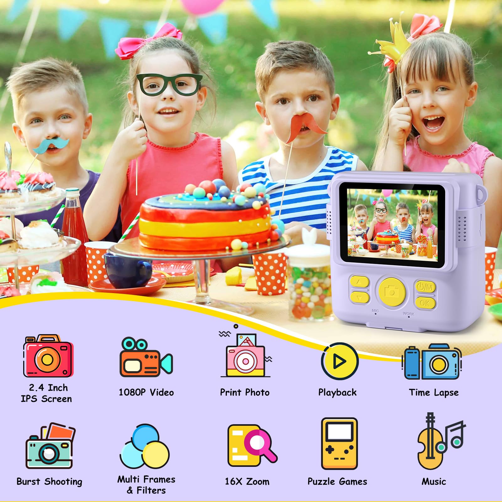 Macchina Fotografica Bambini Istantanea, GREENKINDER 2.4 Pollici/1080P Fotocamera Istantanea Bambini con 32GB Scheda e Carta da Stampa, Fotocamera Digitale Bambini per Ragazze Ragazzi da 3-12 Anni