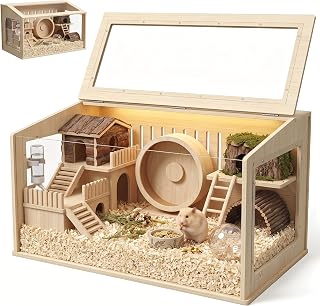 Wooden Large Hamster Cage, 24" L x 16" W x 16" H Chewproof Enclosure, 270° Panoramic Acrylic View, Openable Top & Easy Assembly, Ventilated Habitat for Guinea Pig Cages, Mouse, Rat, Hamsters & Gerbils