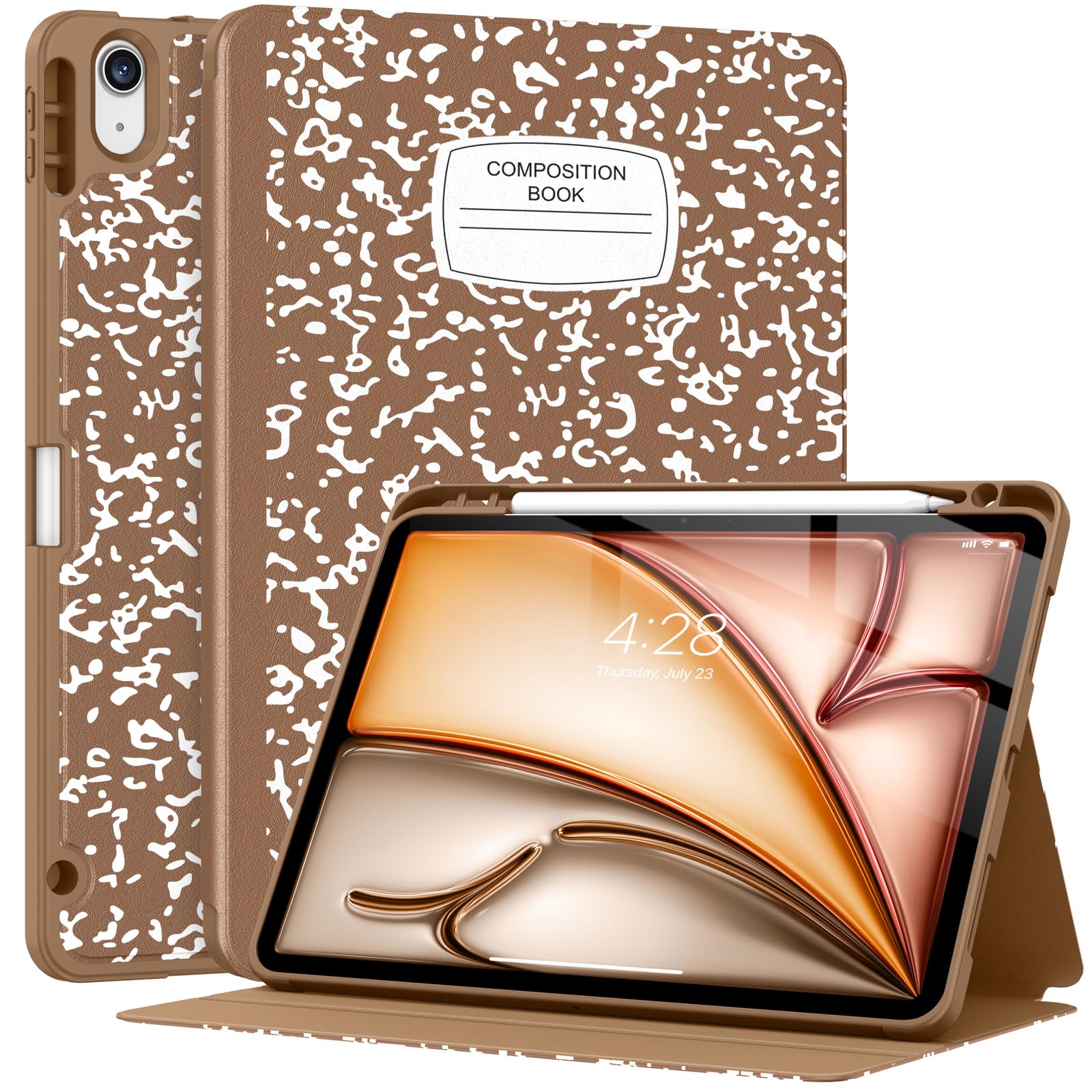 Supveco Case for iPad Air 11 Inch (M3 2025/M2 2024),iPad Air 5th/4th Generation 10.9 Inch 2022/2020 with Pencil Holder-[Auto Wake/Sleep],Premium Folio Stand Soft TPU Back Cover-Book Bronze