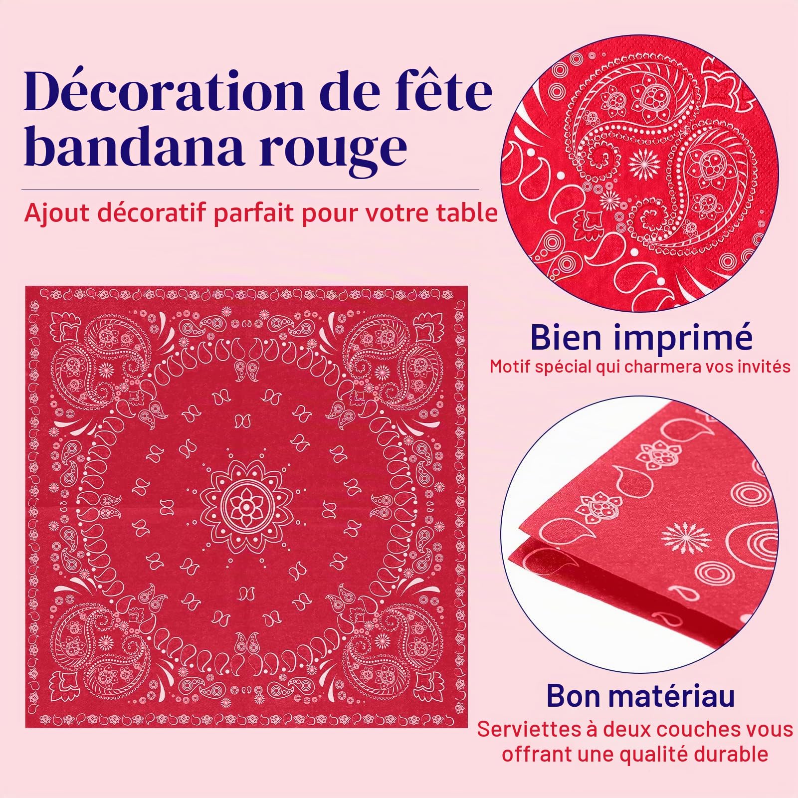 Teling Lot de 200 serviettes bandana occidentales 2 plis en papier jetables en vrac à imprimé cachemire pour fête d'anniversaire sur le thème des cowboys occidentaux, 16 x 16 cm (rouge)