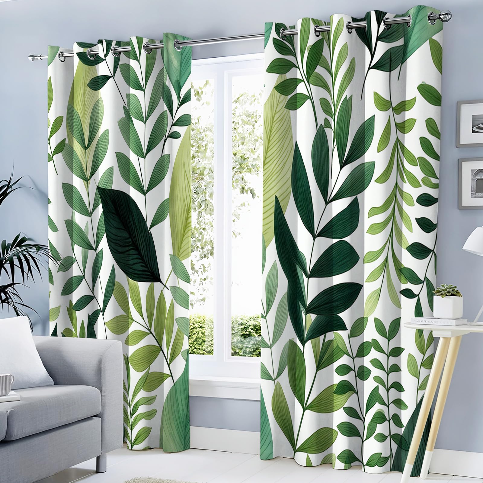 Rideaux occultants jungle aquarelle isolants thermiques | Paire vert sauge 117x137