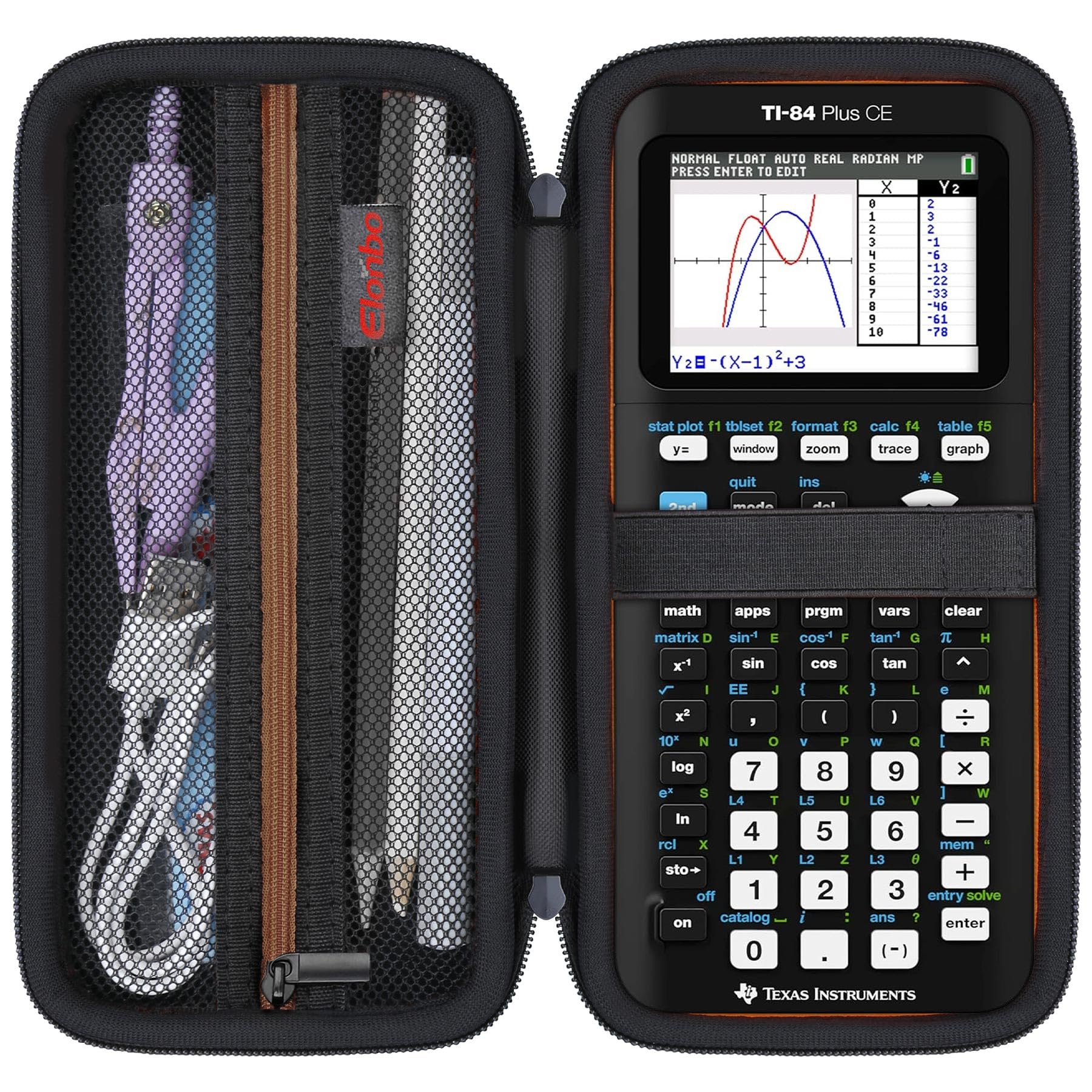 Elonbo Custodia per la calcolatrice grafica a colori Texas Instruments TI-84 Plus CE/TI-84 Plus/TI-83 Plus CE/Casio fx-9750GII, tasca extra in rete per cavo di ricarica, caricatore, manuale, nero