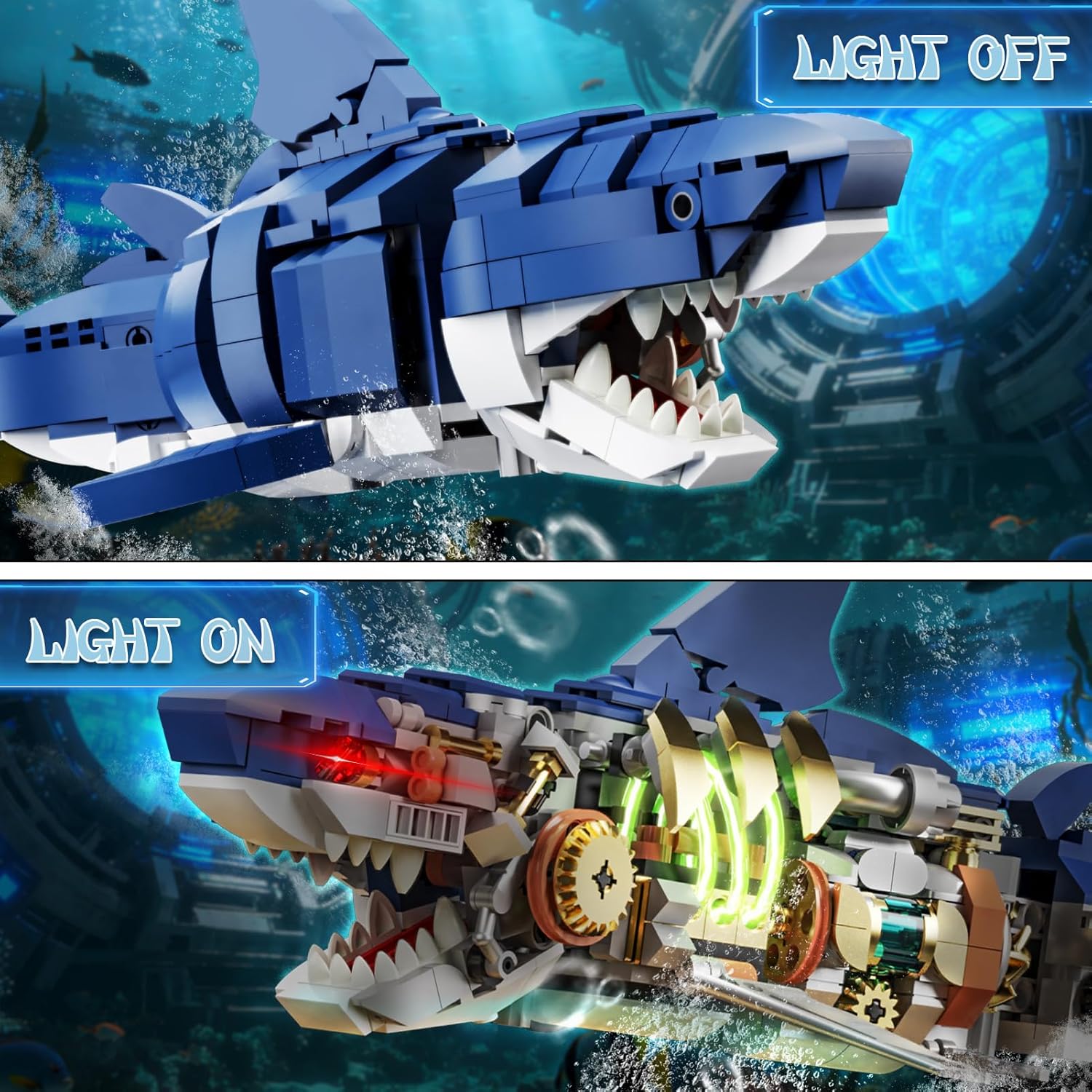 Mechanical Shark Building Block Set with Light, Compatible with Lego Shark, 687PCS Movable Ocean Sea Animals with Display Stand, STEM Fish Toys for Home Office Decor, for Adults Boys