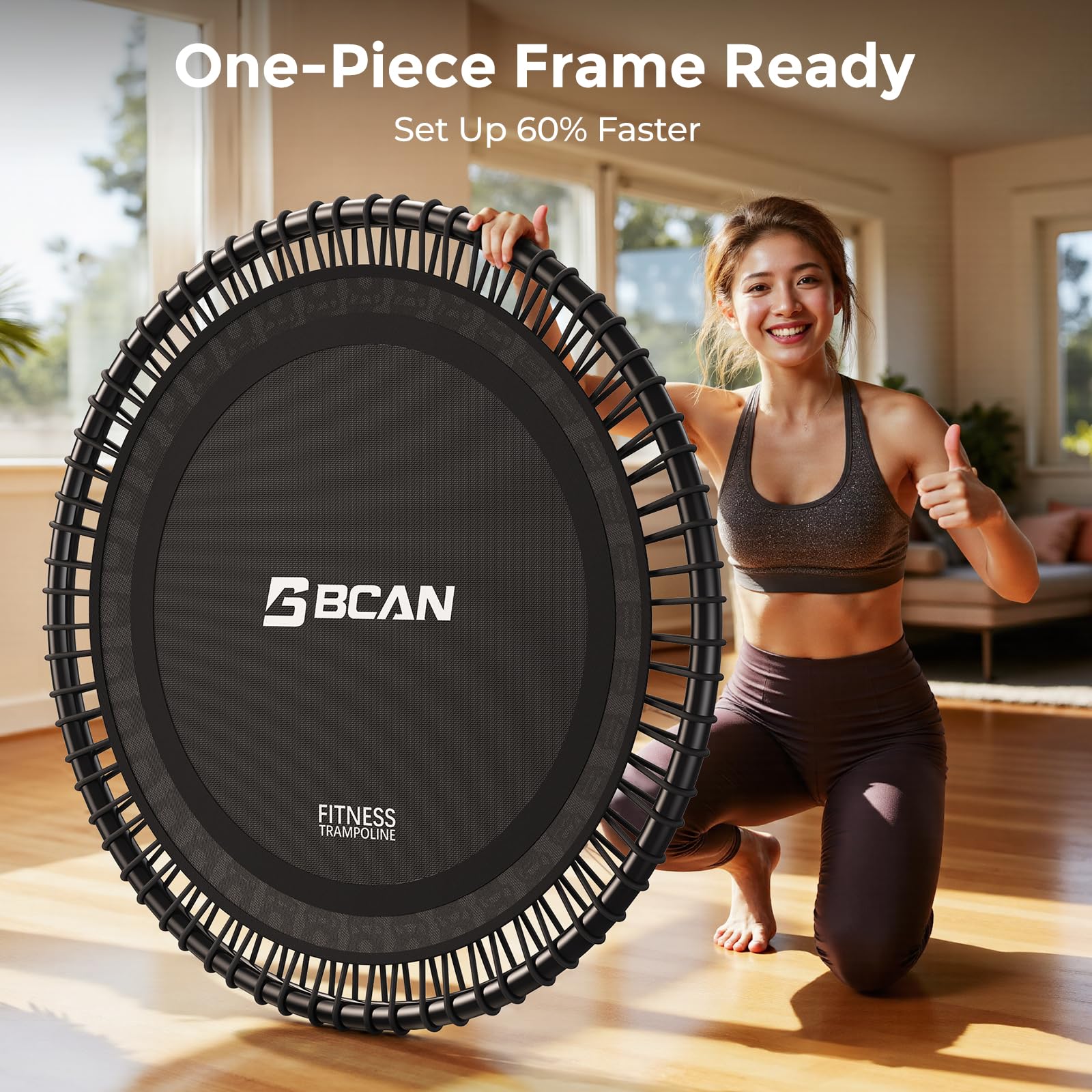 B BCAN BT4 102cm Soft Land Pro Bungee-Rebounder-Trampolin für Erwachsene,Tragkraft 227kg,Bungee-Seile& Griff mit Einstellbarer Spannung,einteiliger Rahmen (16 Gauge),Handyhalterung&Socken