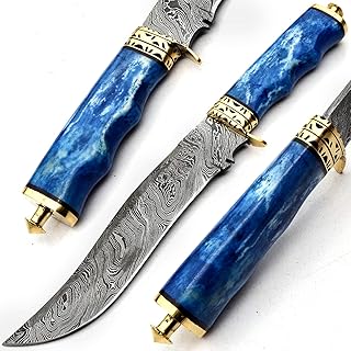 PAL 2000 KNIVES BOW-9713 Handmade Damascus Steel Fixed Blade Hunting Knife Stained Camel Bone Handle with Sheath - PAL 2000 KNIVES