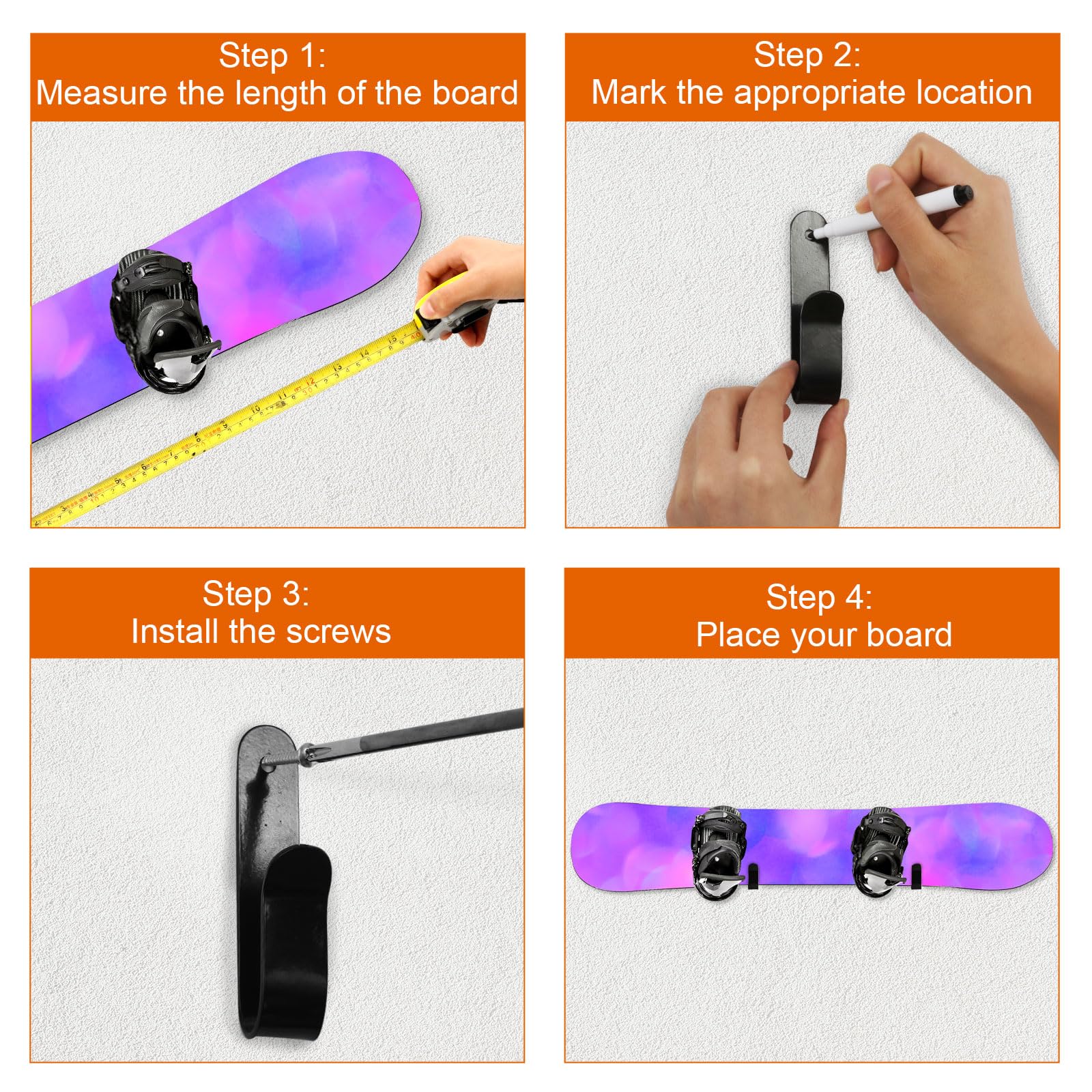 4 Ganci Da Parete Per Snowboard E Sci - In Acciaio Laminato A Freddo, Nero, Per Garage E Casa - Foto 3