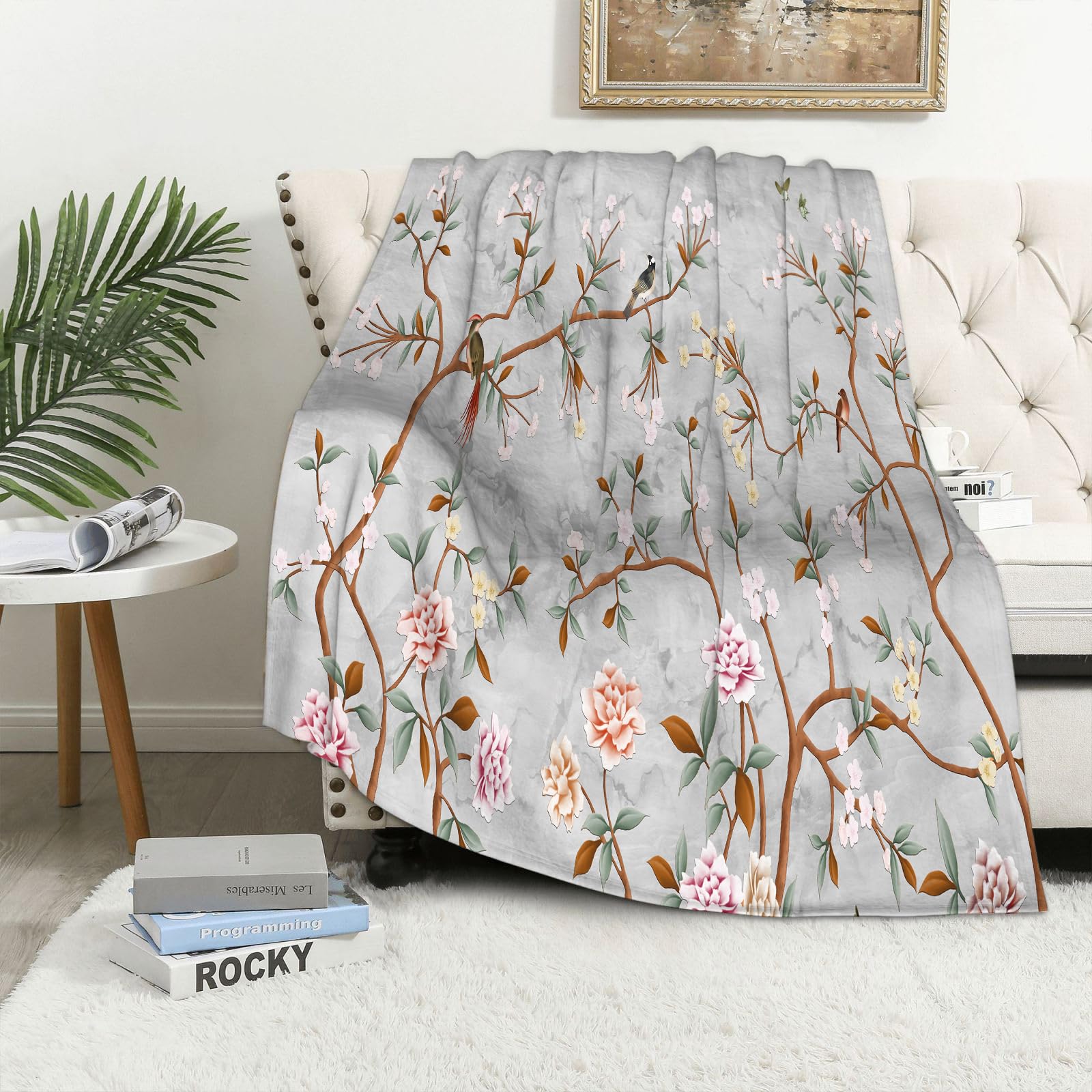 Maapchp Thin Branches With Pink Flowers On A Gray Ma - A5 Flannel Fleece Blanket Throws For Sofa Fluffy Blanket Bed Throw For Bedroom Thin Branches With Pink Flowers On A Gray Marble Background Blanket For Bed, Couch,Car 40X50in