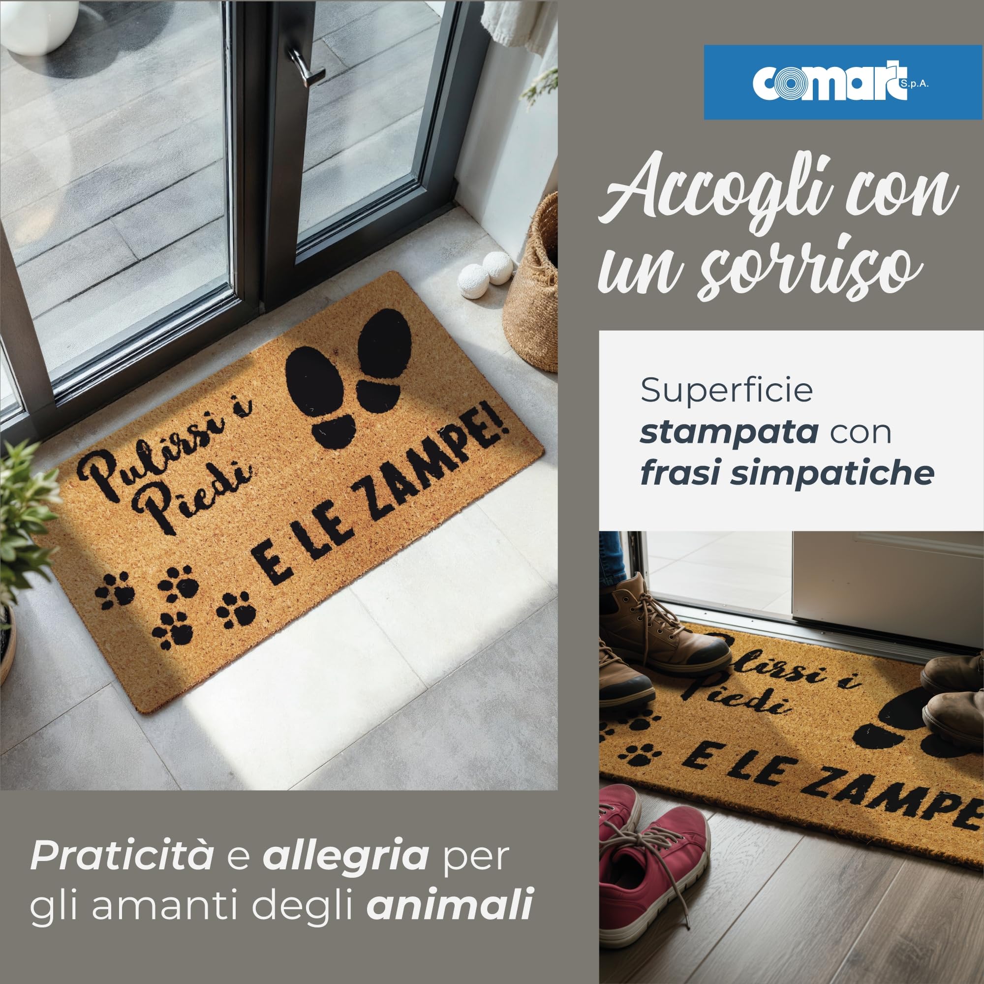 Comart - Zerbino Cute in Cocco - 40x70 cm - Tappeto con Scritte Divertenti su Cani e Gatti - per Ingresso Esterno e Interno - Simpatico Regalo per Entrata di Casa - Antiscivolo - Pulirsi Piedi Zampe