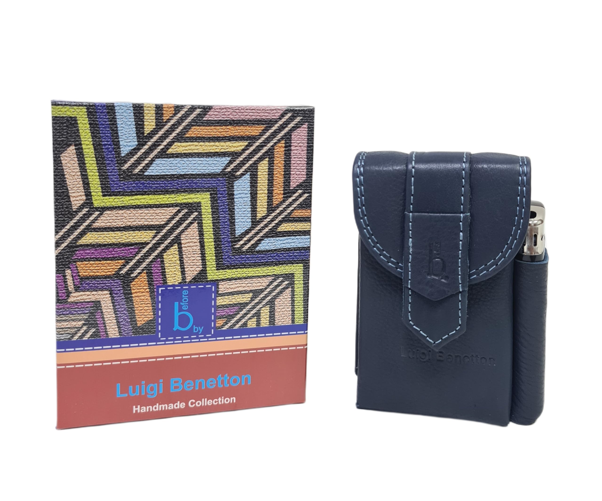 Luigi Benetton Portasigarette in Vera Pelle, Doppio Bottone, Porta Accendino Laterale, Dimensioni 10x6,5x3 cm, con Scatola Regalo Art. 3176 (BLU)
