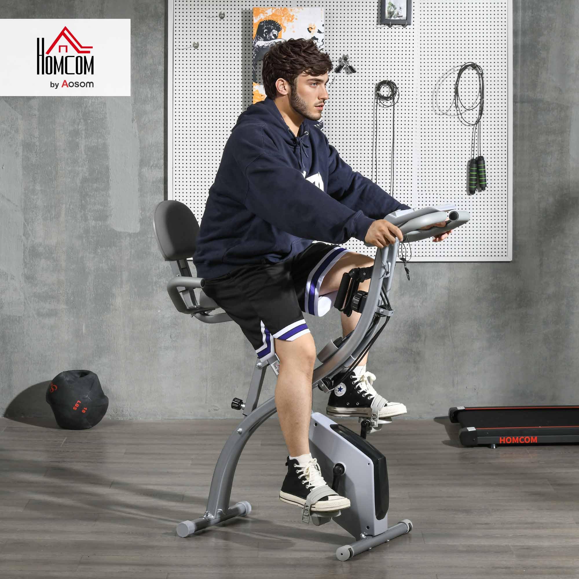 HOMCOM Cyclette Pieghevole 2 in 1, Resistenza Magnetica Regolabile 8 Livelli, Cyclette da Casa Silenziosa con Sensore di Frequenza Cardiaca, Elastici per Braccia, Schermo LCD, Volano 2.5kg, Rosa