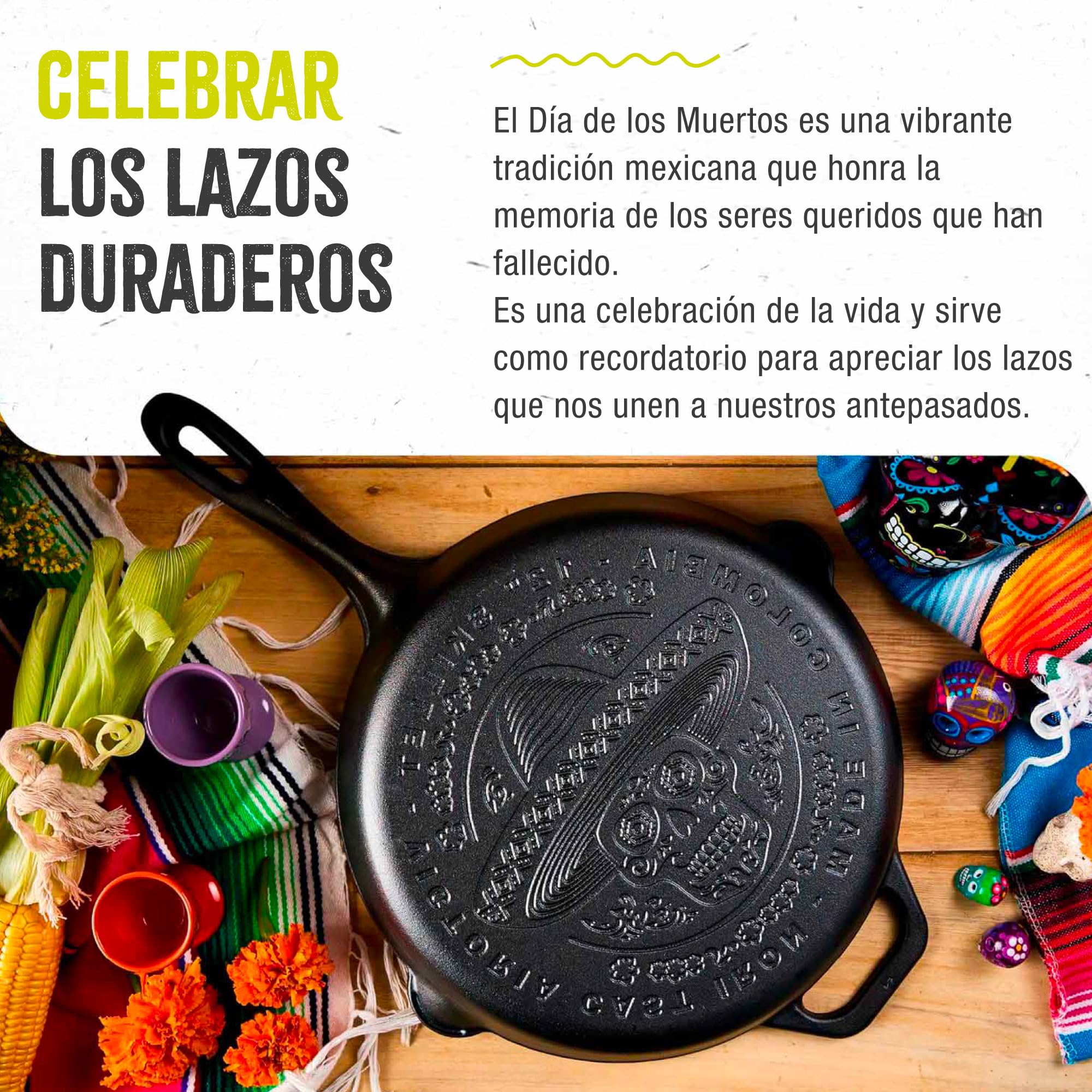 VICTORIA Sartén Hierro Fundido Curado 30cm, Day of the Dead La Calaca Apta Barbacoa, Horno, Inducción, Gas, Cast Iron Skillet Curada para Crear Antiadherente Libre de Tóxicos sin PFOA