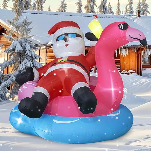 Miniatura 3 de Decoración Inflable de Navidad al Aire Libre de 6.5 Pies – Decoración Inflable de Navidad con Santa en Flotador de Piscina de Flamenco con Luces LED